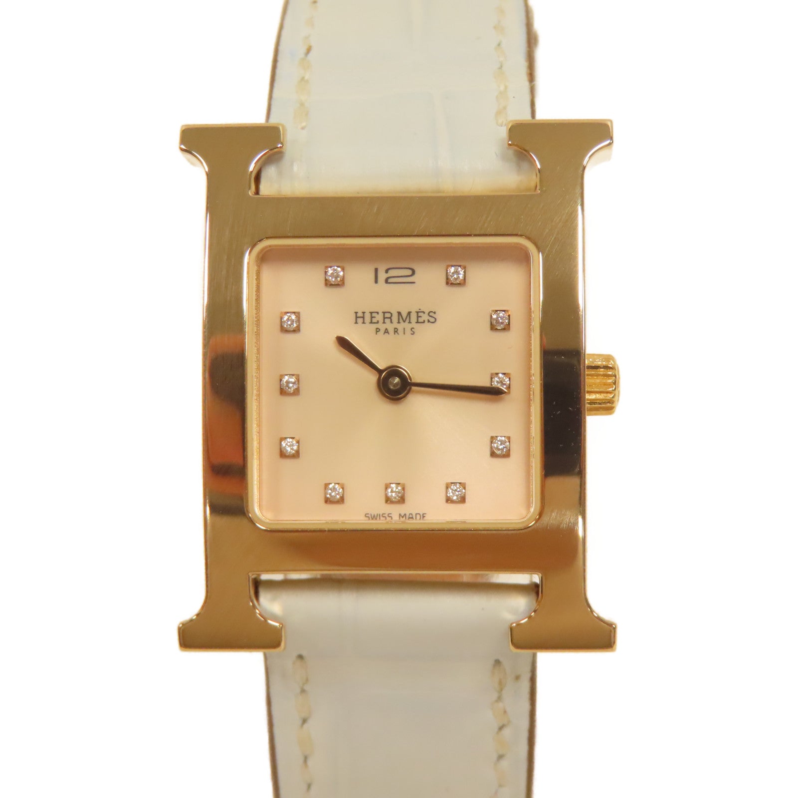 HERMES 不鏽鋼/皮革H Watch皮帶手錶霧藍色/米色#16cm