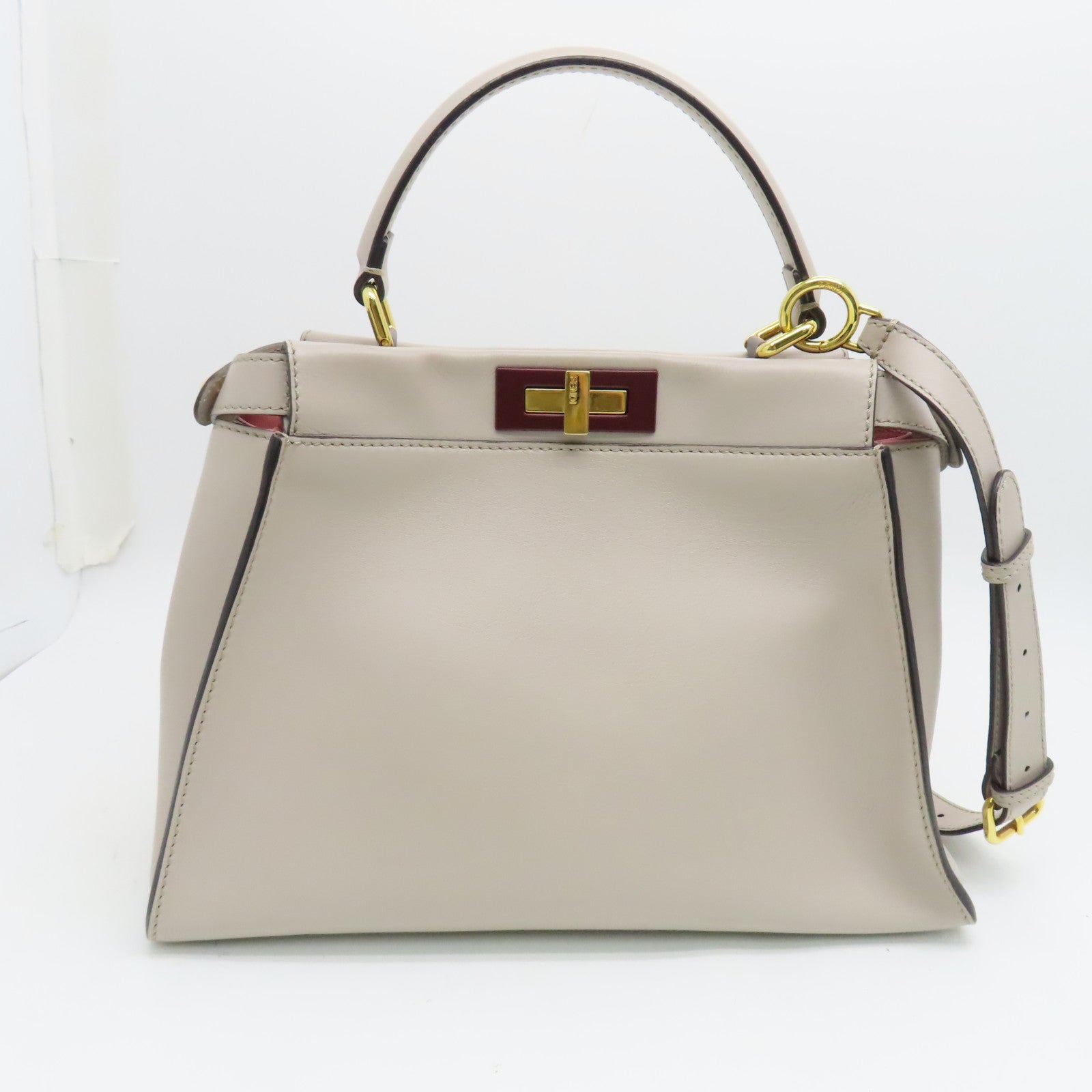 FENDI 【激減優惠】牛皮皮革Peekaboo金扣手挽肩背兩用袋米色