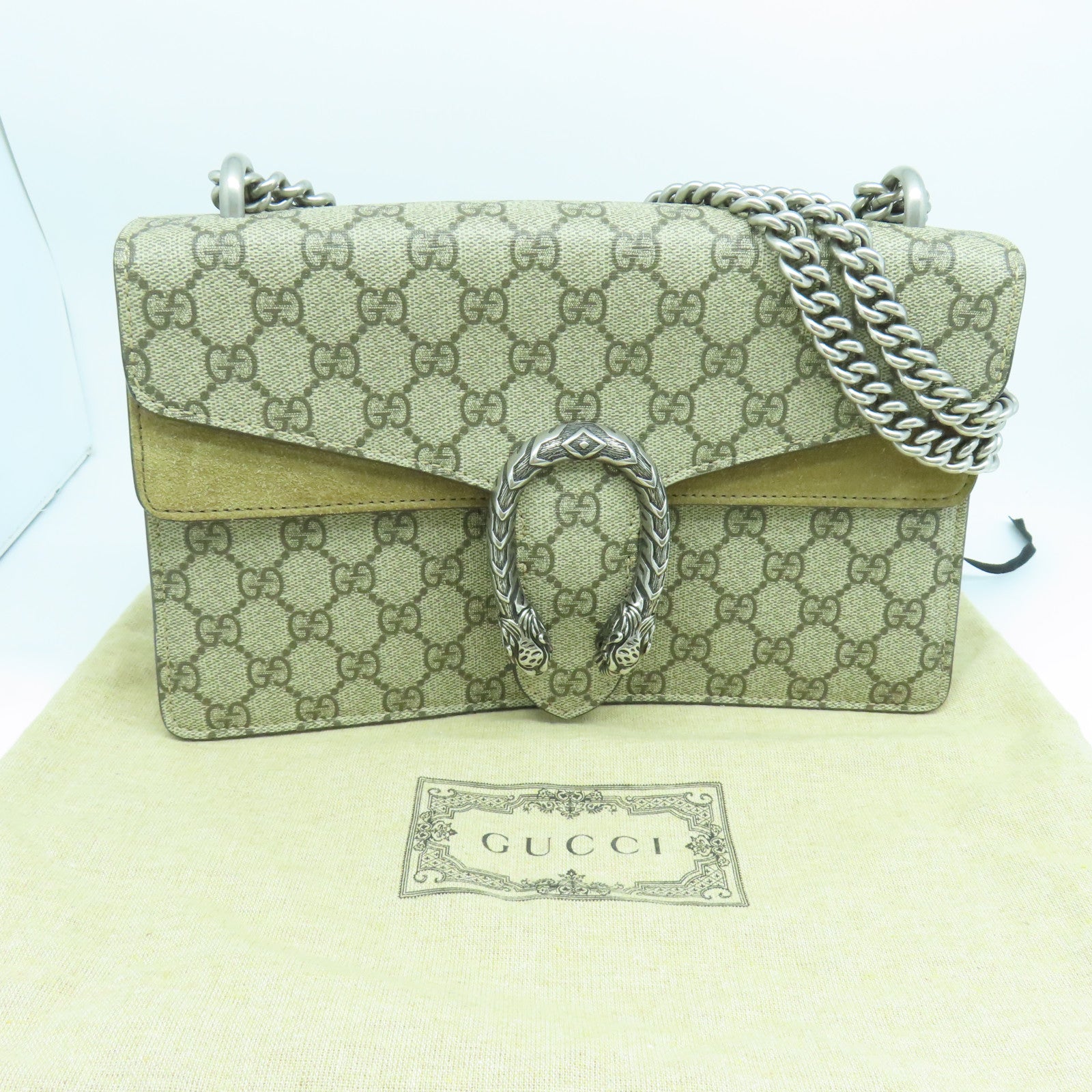 GUCCI 涂层帆布Dionysus GG银扣肩背袋啡色