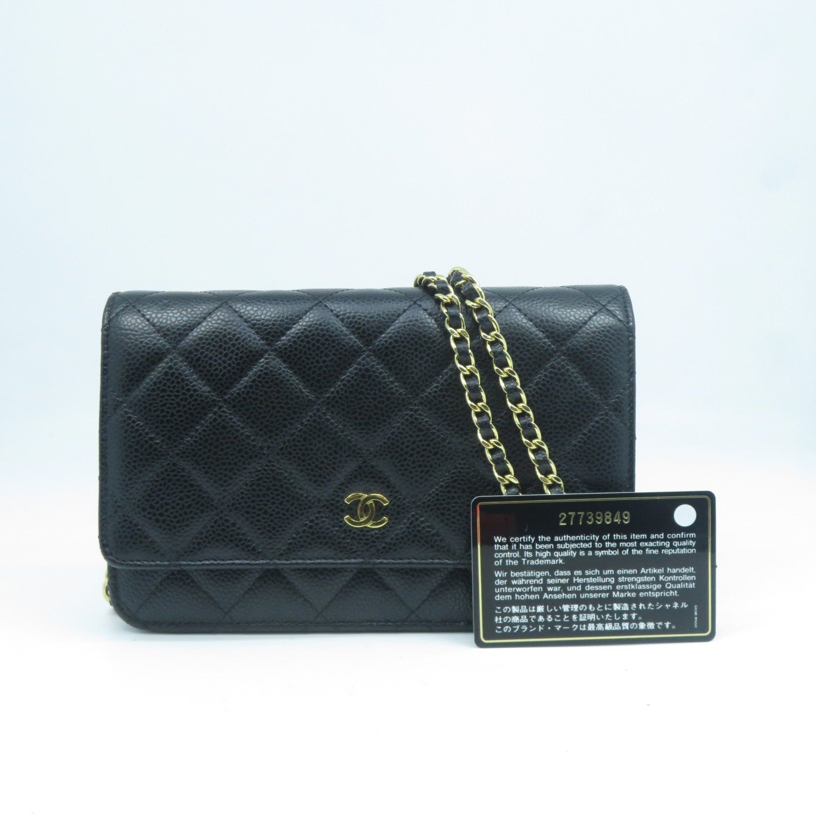 CHANEL 菱格Caviar皮革Wallet On Chain金扣鏈帶肩背袋黑色