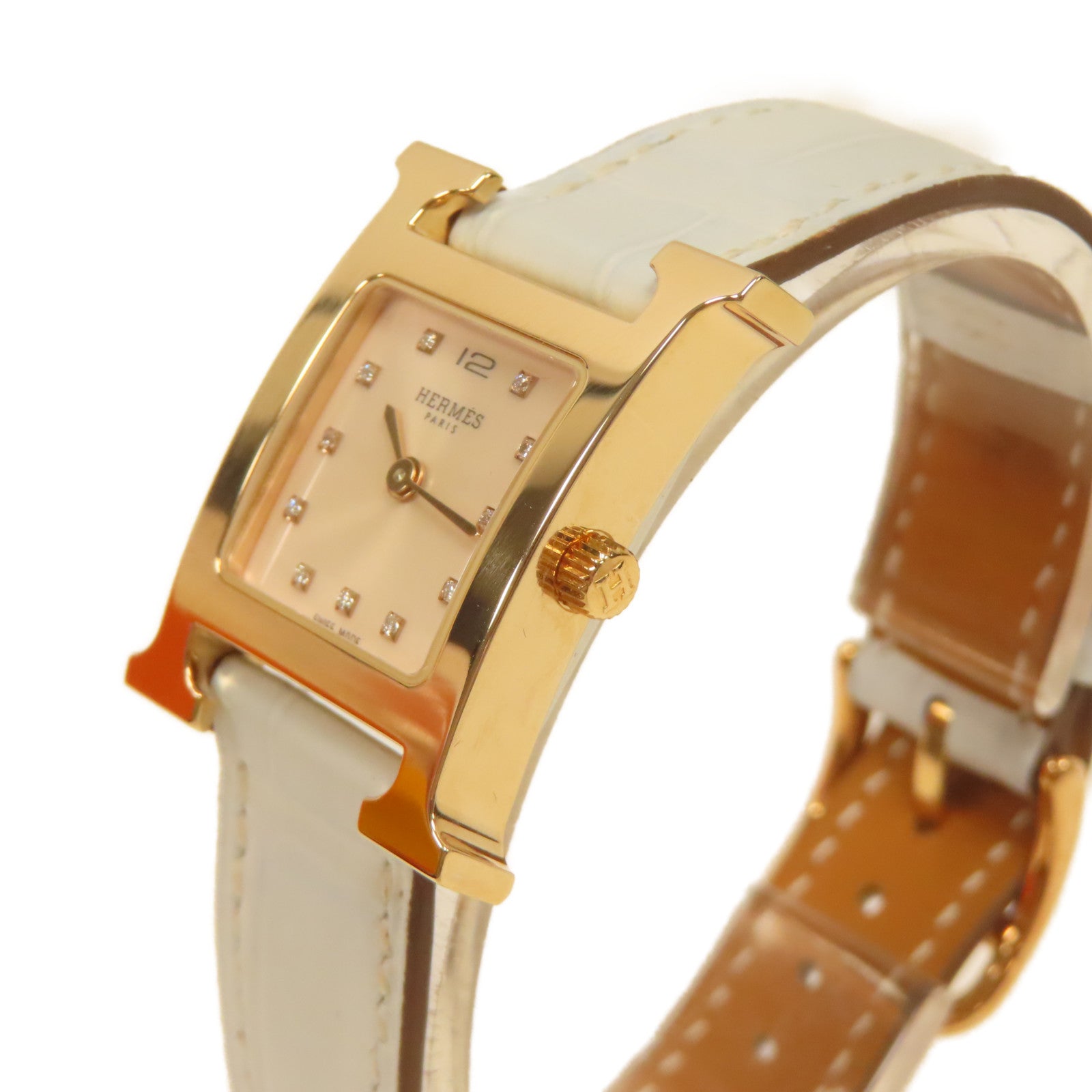 HERMES 不鏽鋼/皮革H Watch皮帶手錶霧藍色/米色#16cm