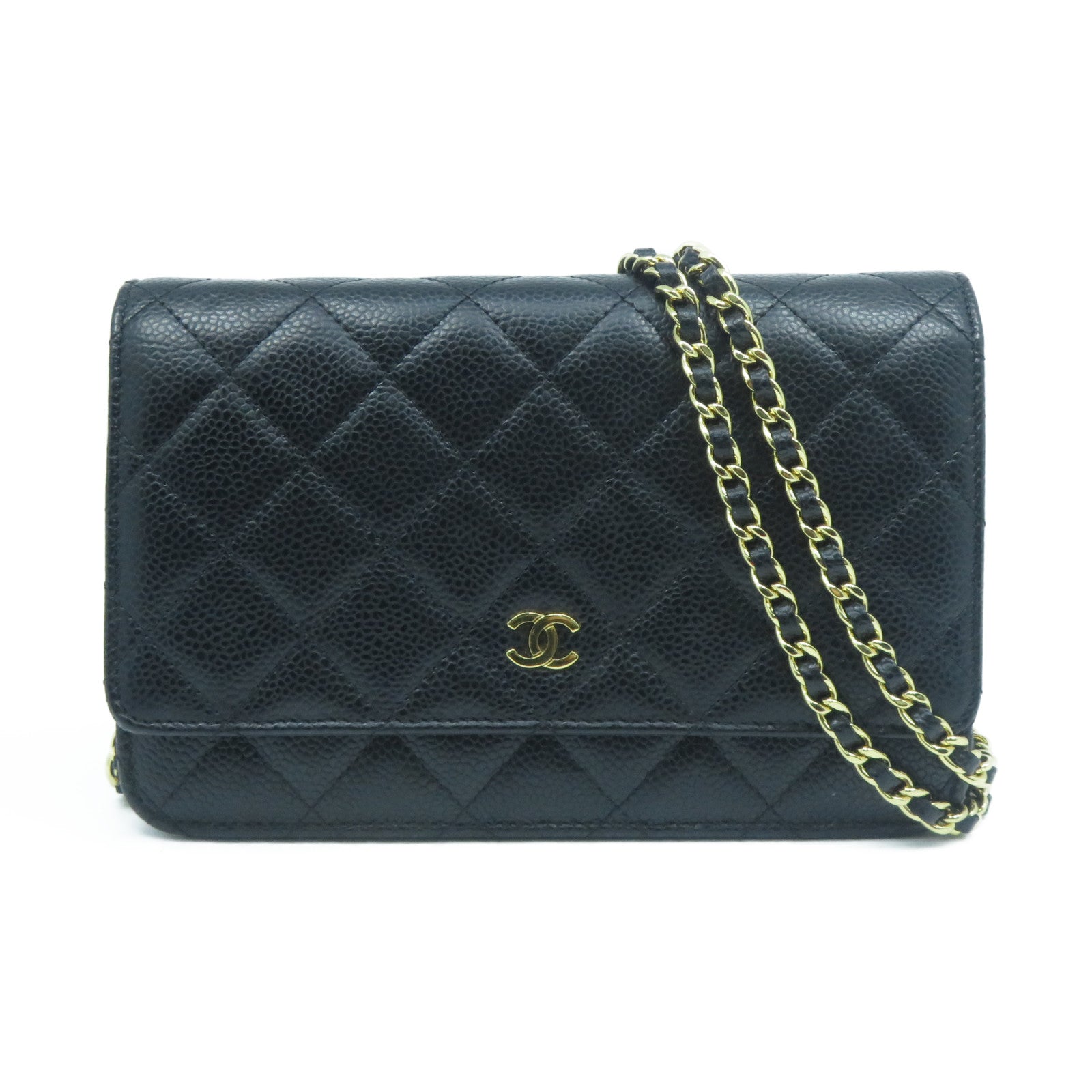 CHANEL 菱格Caviar皮革Wallet On Chain金扣鏈帶肩背袋黑色