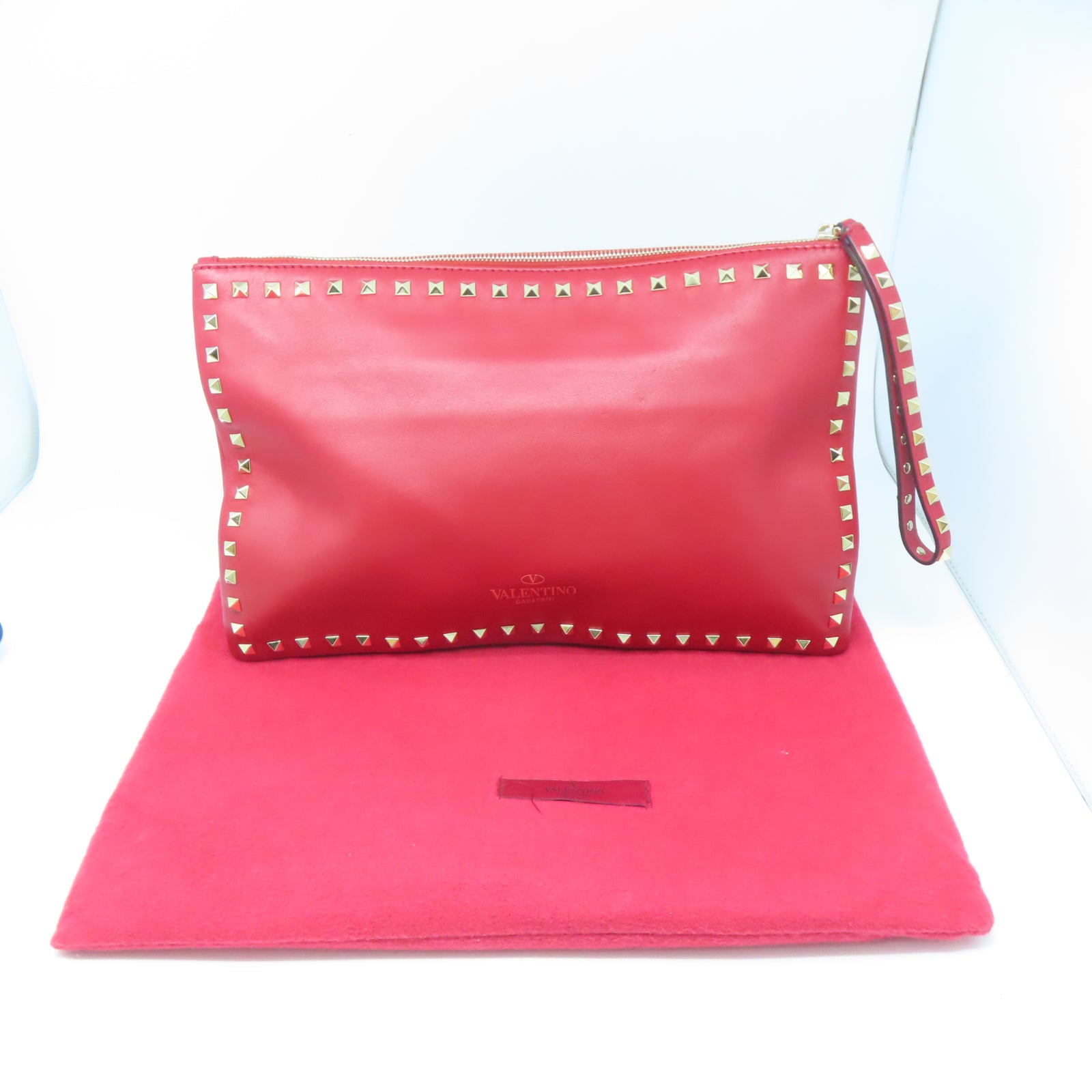 Valentino 牛皮皮革Pouch金扣手拿包紅色
