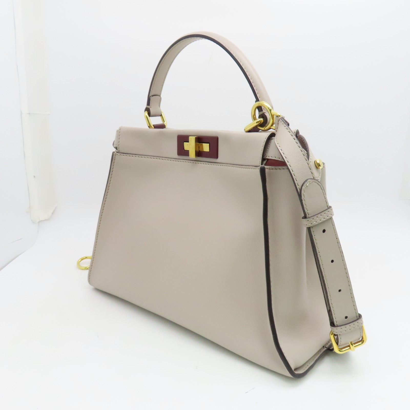 FENDI 【激減優惠】牛皮皮革Peekaboo金扣手挽肩背兩用袋米色