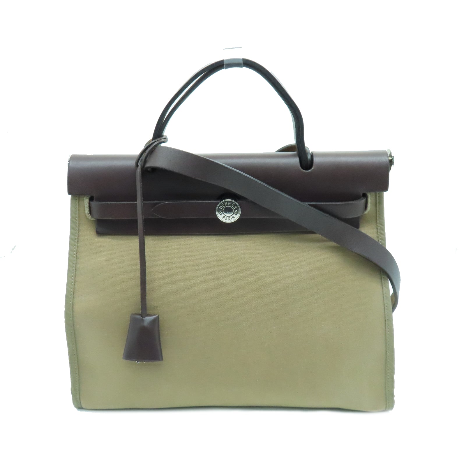 HERMES canvas Herbag PM silver buckle handle shoulder bag Etoupe beige