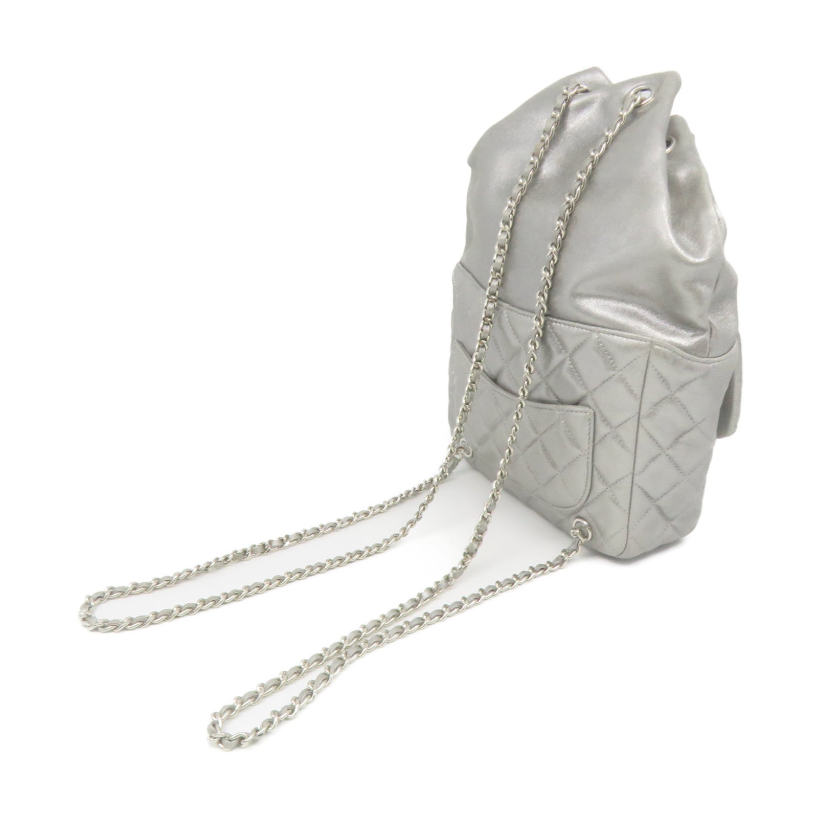 CHANEL 菱格牛皮皮革Backpack銀扣鏈帶背包銀色