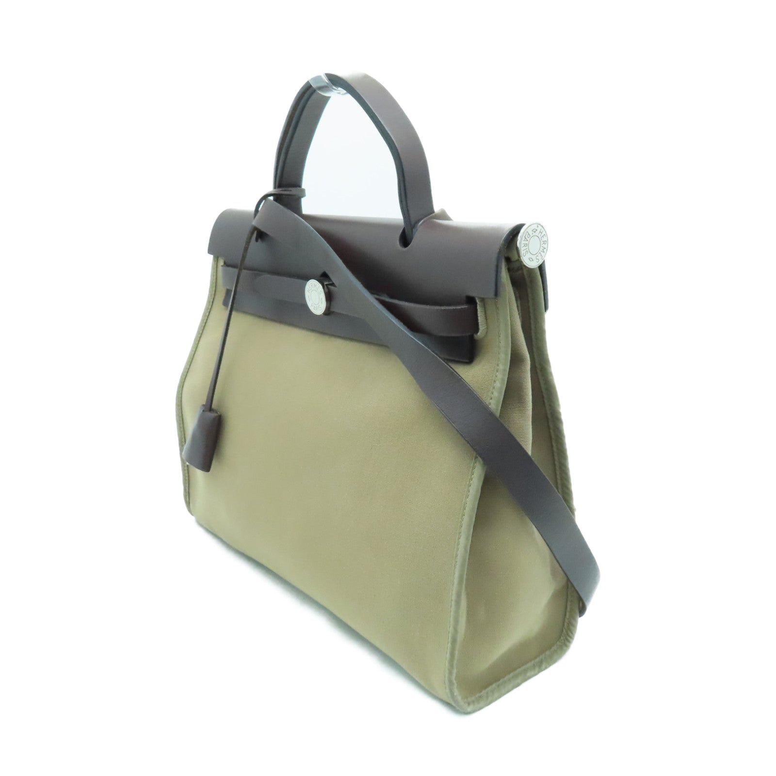 HERMES canvas Herbag PM silver buckle handle shoulder bag Etoupe beige