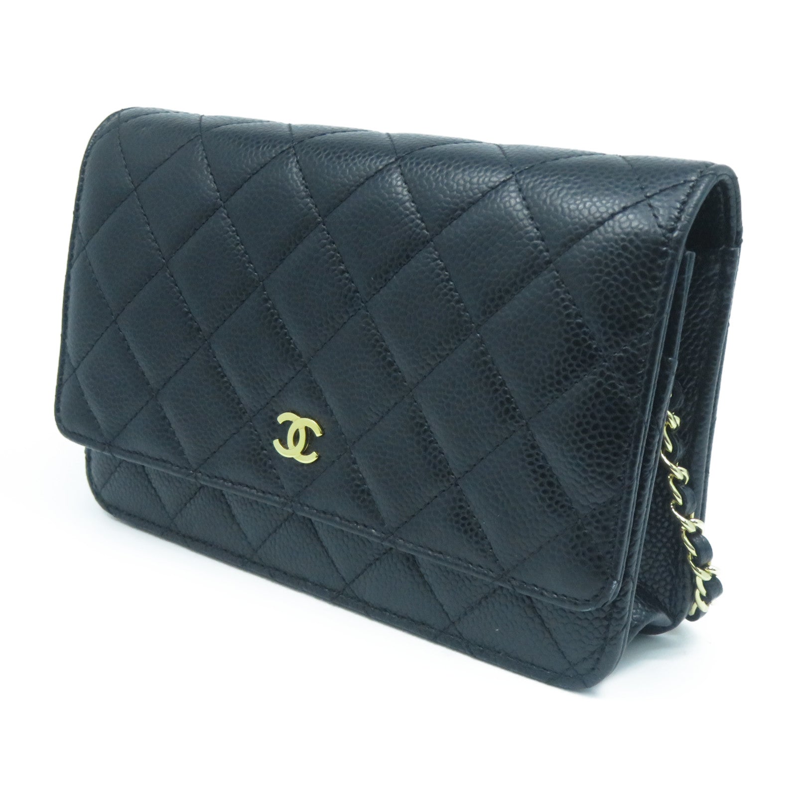 CHANEL 菱格Caviar皮革Wallet On Chain金扣鏈帶肩背袋黑色