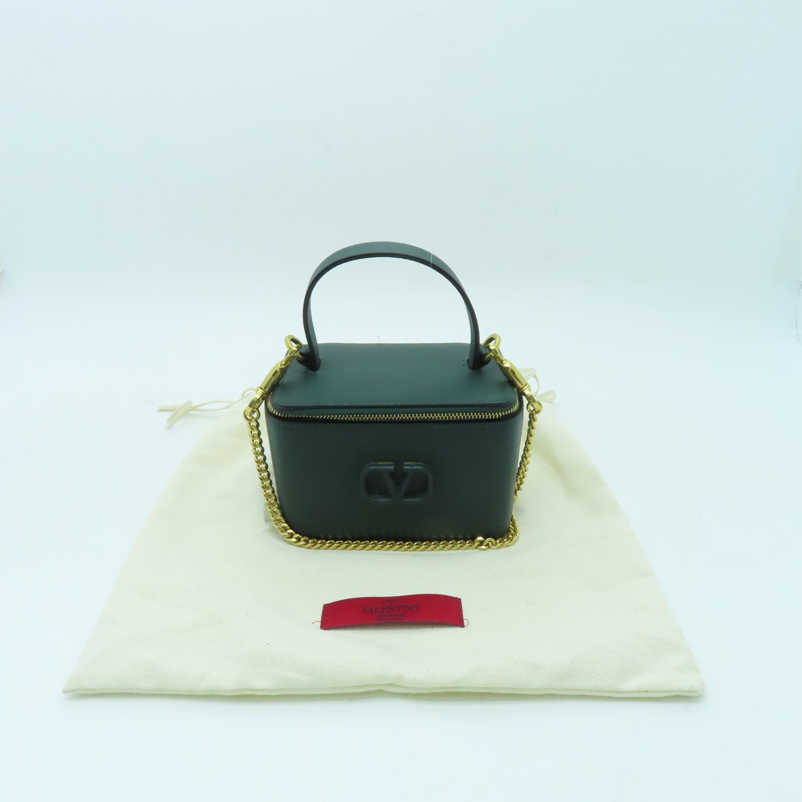 Valentino 牛皮皮革Mini Vsling Vanity Case金扣手挽肩背兩用袋綠色