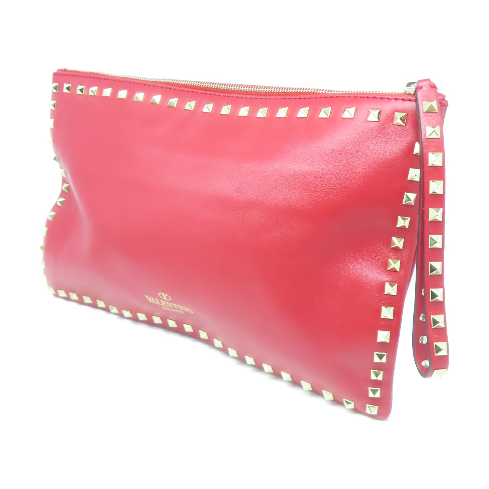 Valentino 牛皮皮革Pouch金扣手拿包紅色