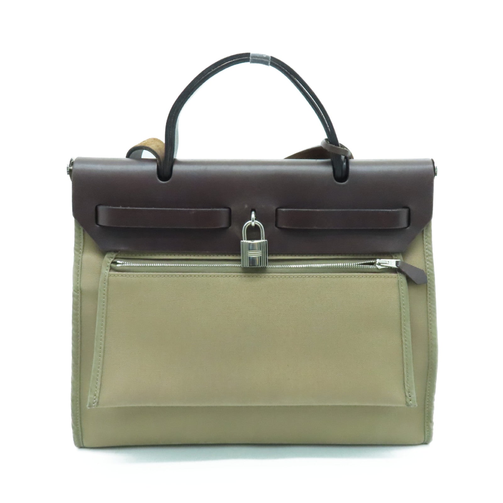 HERMES canvas Herbag PM silver buckle handle shoulder bag Etoupe beige
