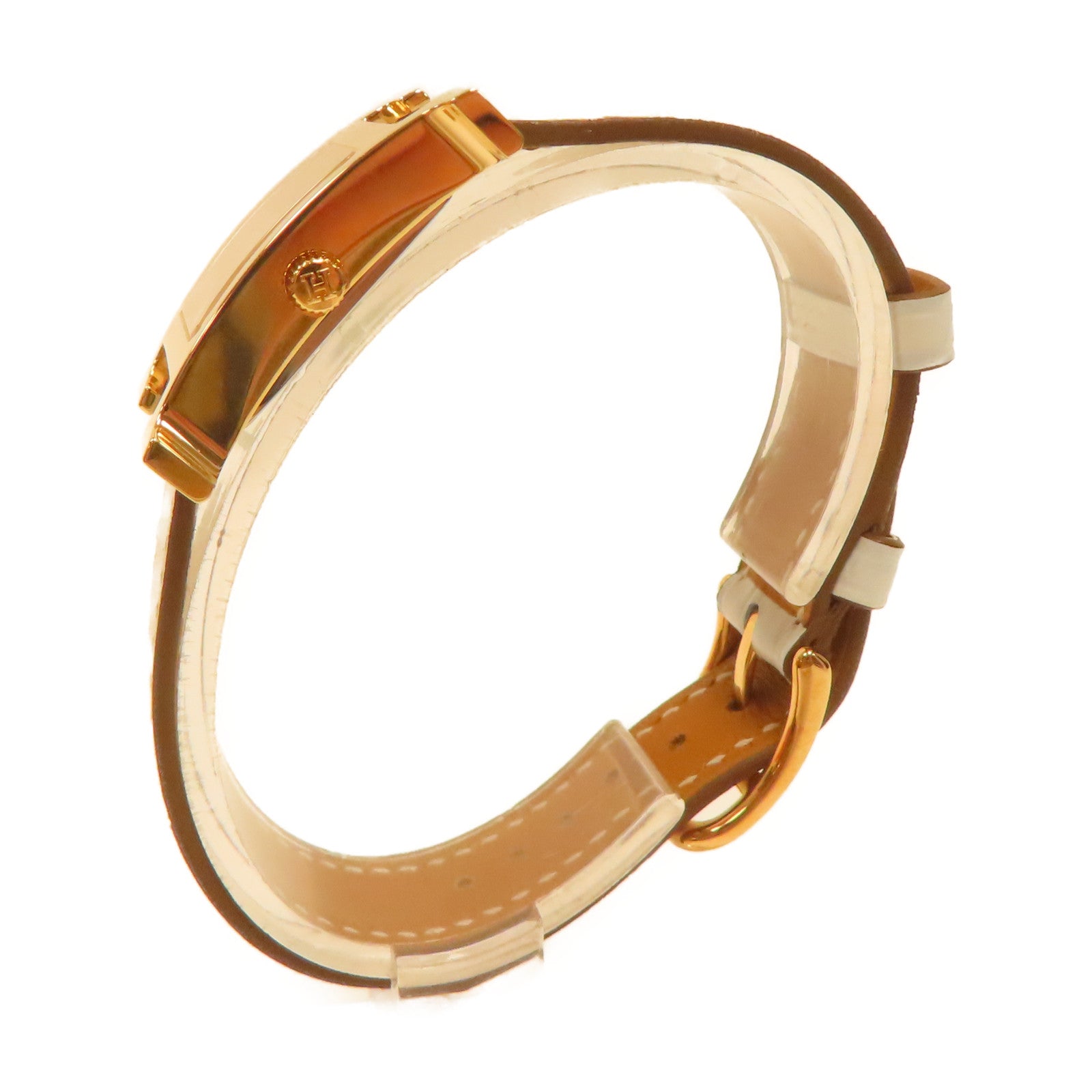 HERMES 不鏽鋼/皮革H Watch皮帶手錶霧藍色/米色#16cm