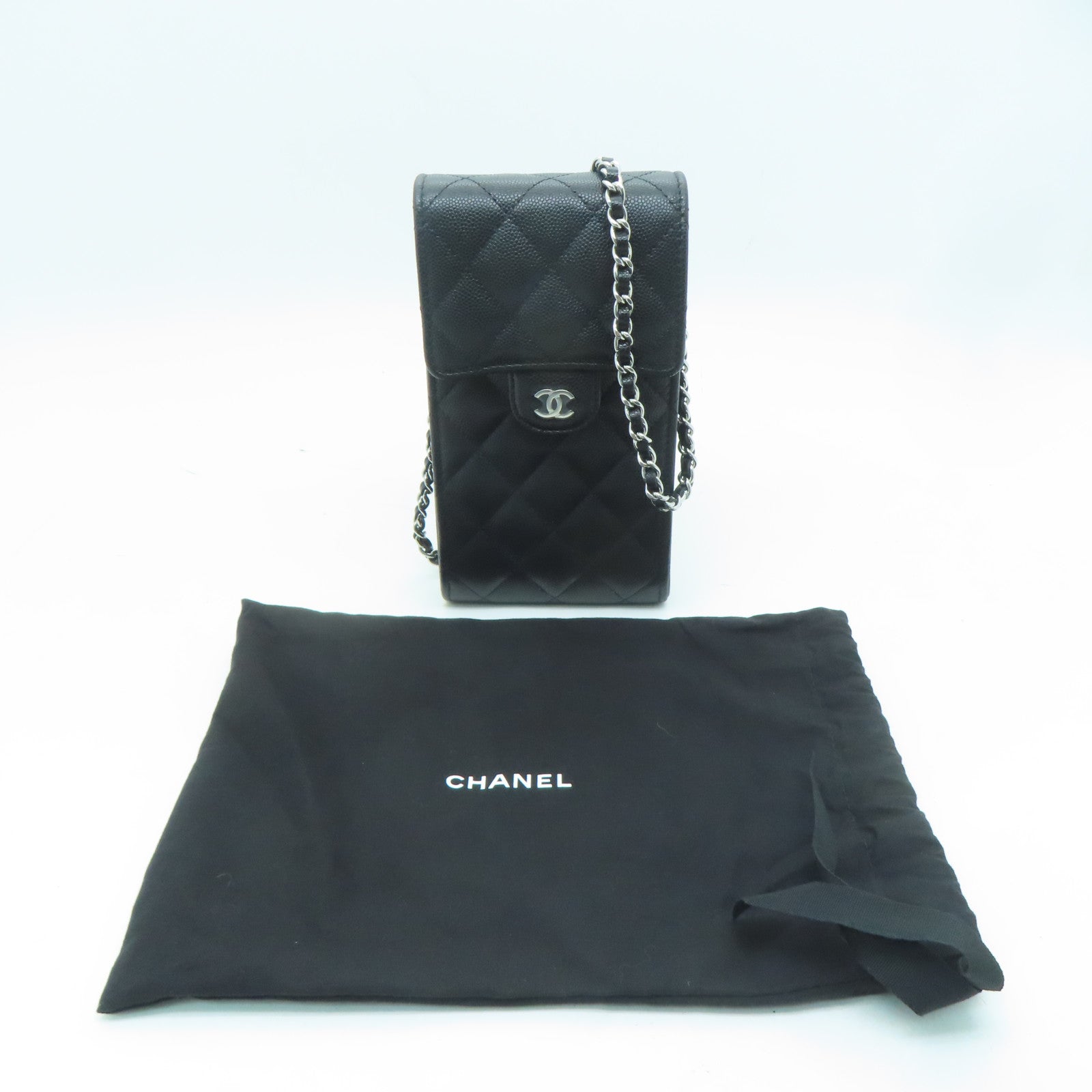 CHANEL Caviar皮革Chain Shoulder銀扣鏈帶肩背袋黑色
