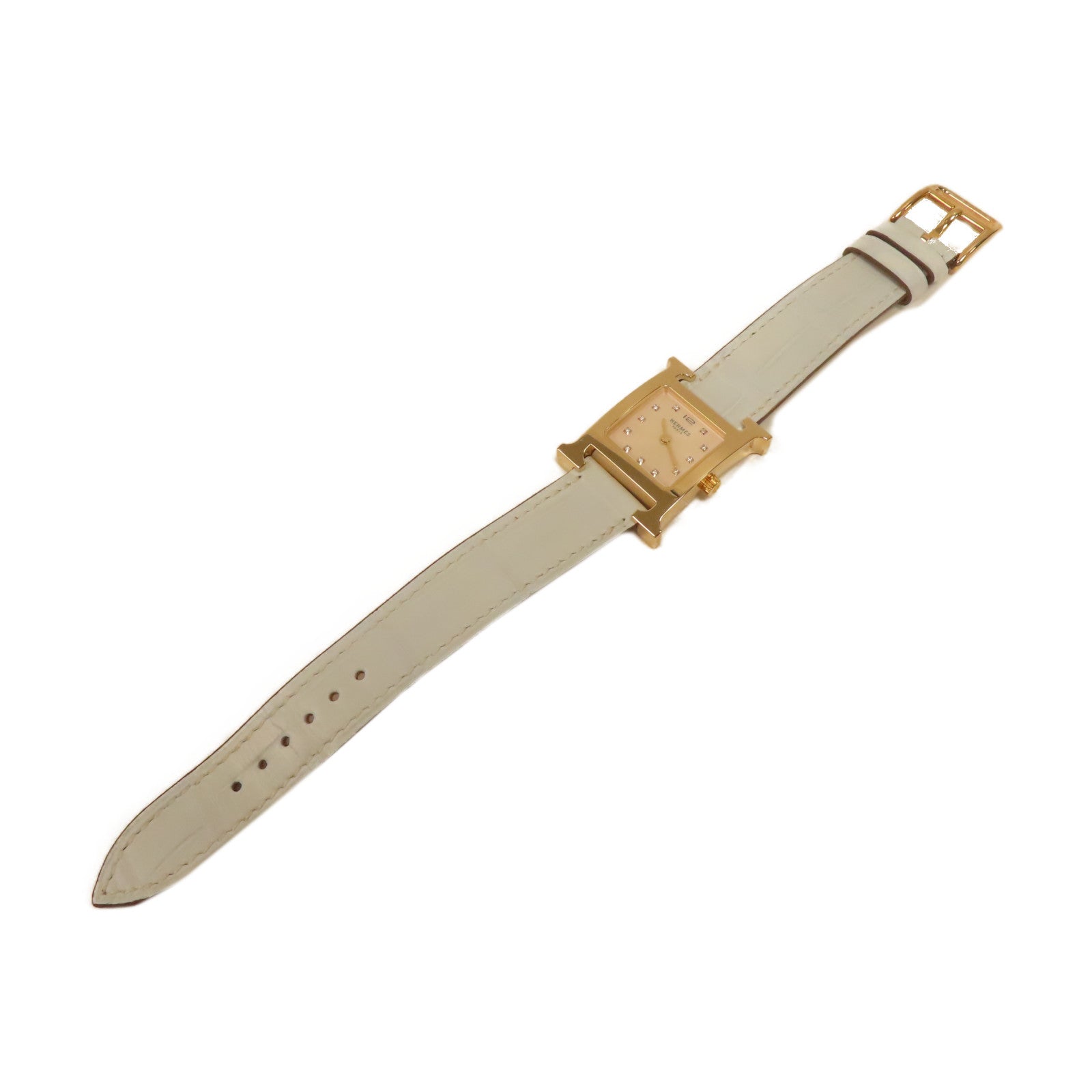HERMES 不鏽鋼/皮革H Watch皮帶手錶霧藍色/米色#16cm