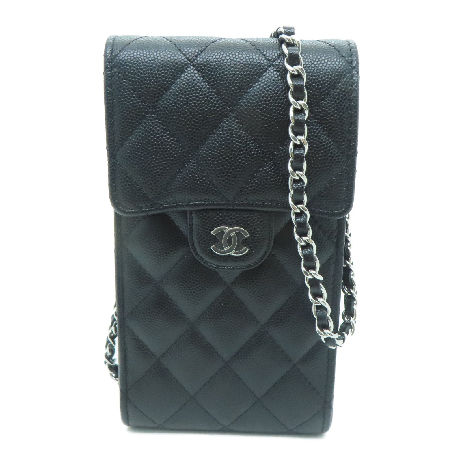 CHANEL Caviar皮革Chain Shoulder銀扣鏈帶肩背袋黑色