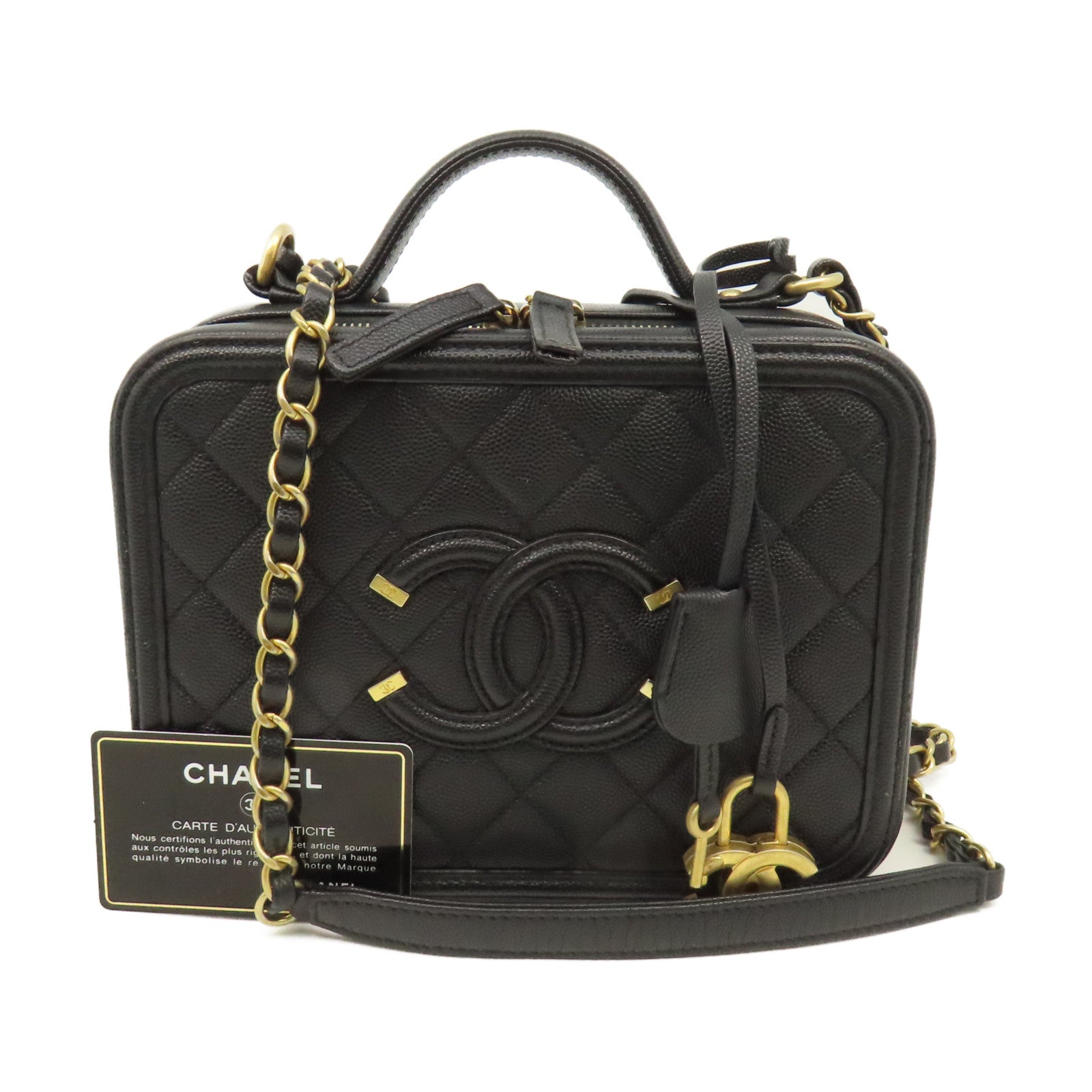 CHANEL 菱格Caviar皮革Vatity Case 21cm 2Way Shoulder Bag金扣鏈帶手挽肩背兩用袋黑色