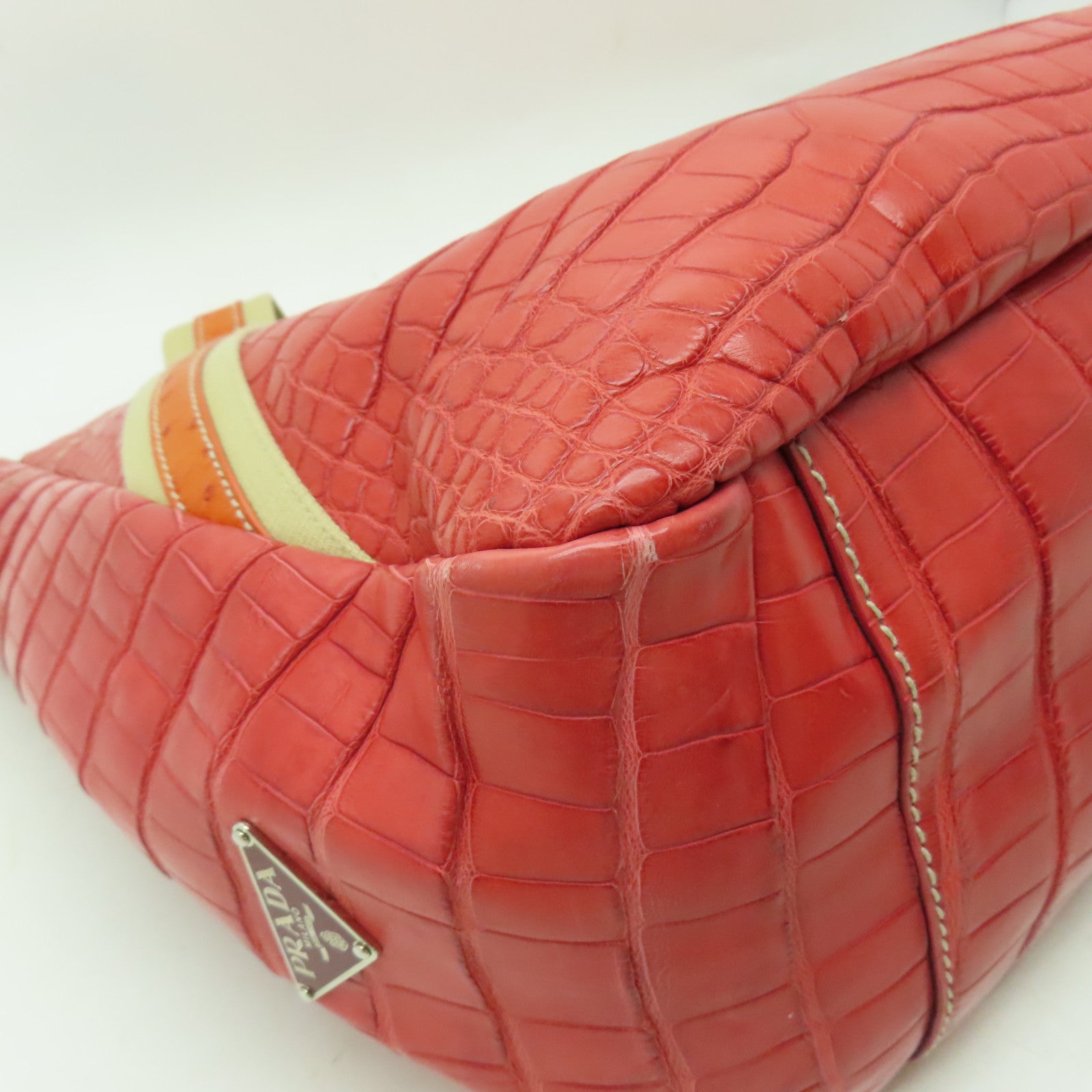 PRADA 鱷魚/鴕鳥皮革Shoulder Bag銀扣肩背袋紅色