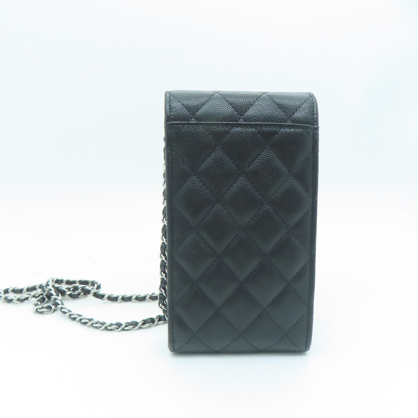 CHANEL Caviar皮革Chain Shoulder銀扣鏈帶肩背袋黑色