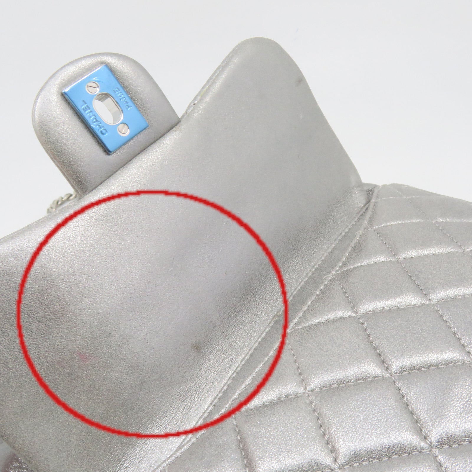 CHANEL 菱格牛皮皮革Backpack銀扣鏈帶背包銀色