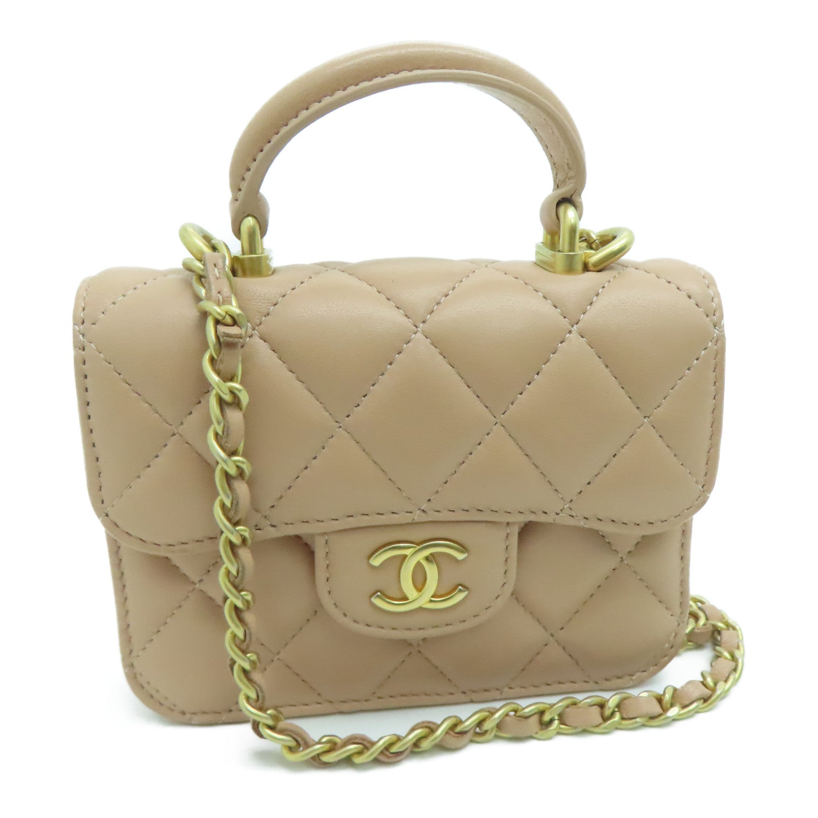 CHANEL 【激減優惠】菱格羊皮皮革Chain Shoulder Bag金扣鏈帶肩背袋杏色