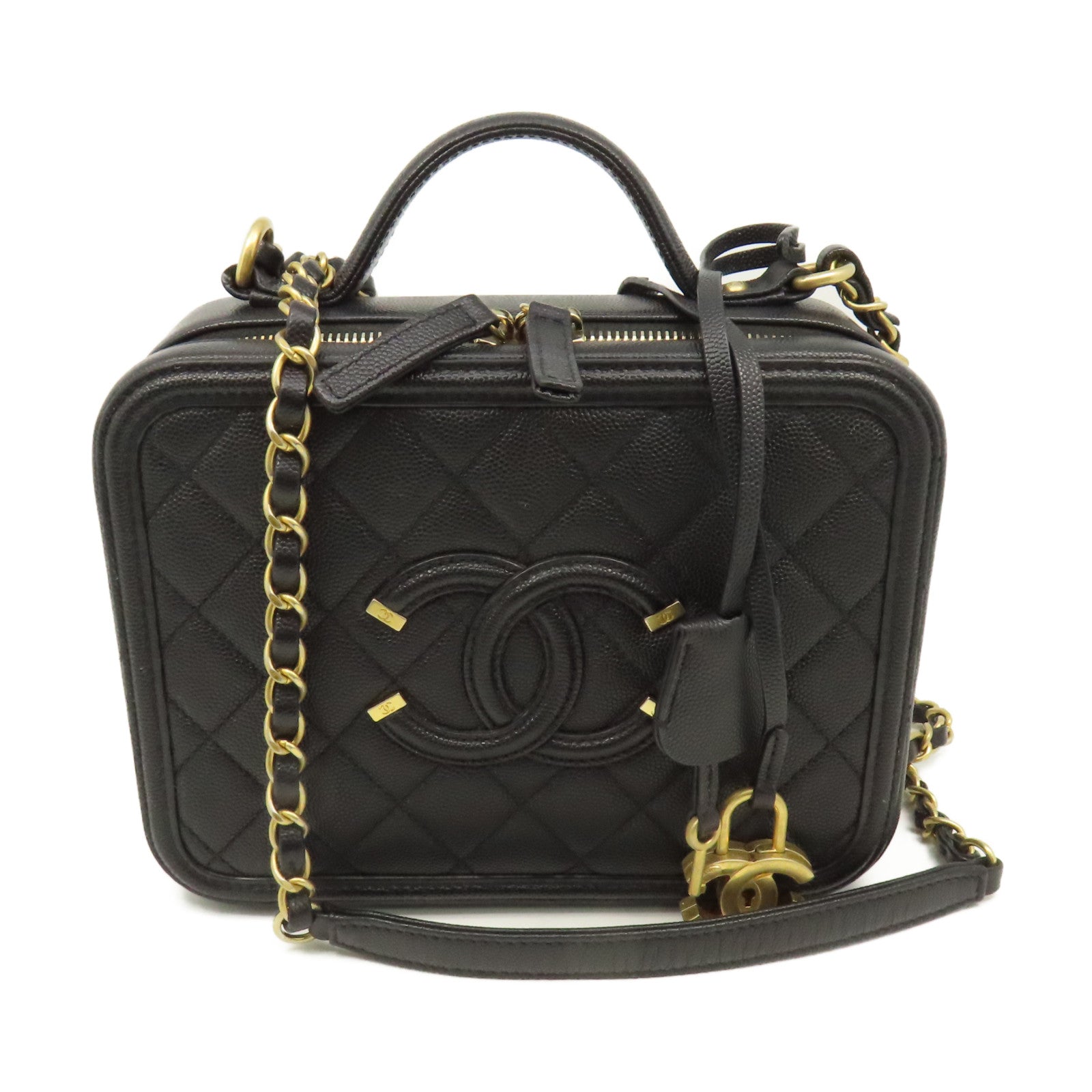 CHANEL 菱格Caviar皮革Vatity Case 21cm 2Way Shoulder Bag金扣鏈帶手挽肩背兩用袋黑色