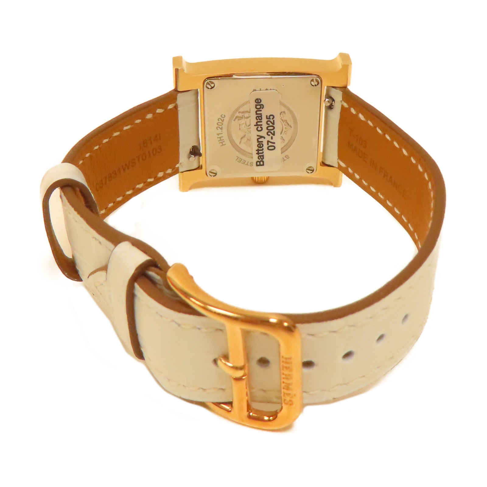 HERMES 不鏽鋼/皮革H Watch皮帶手錶霧藍色/米色#16cm