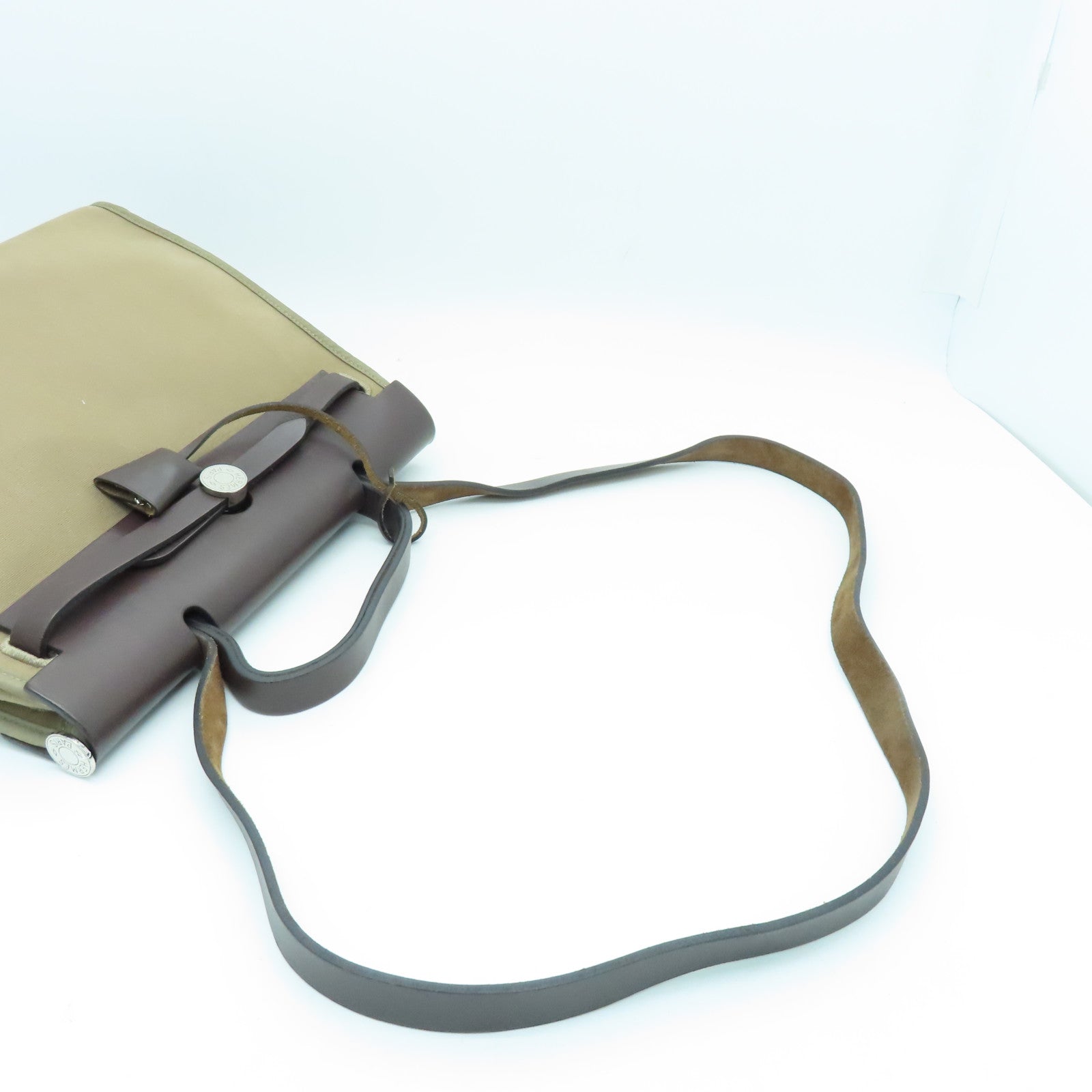 HERMES canvas Herbag PM silver buckle handle shoulder bag Etoupe beige
