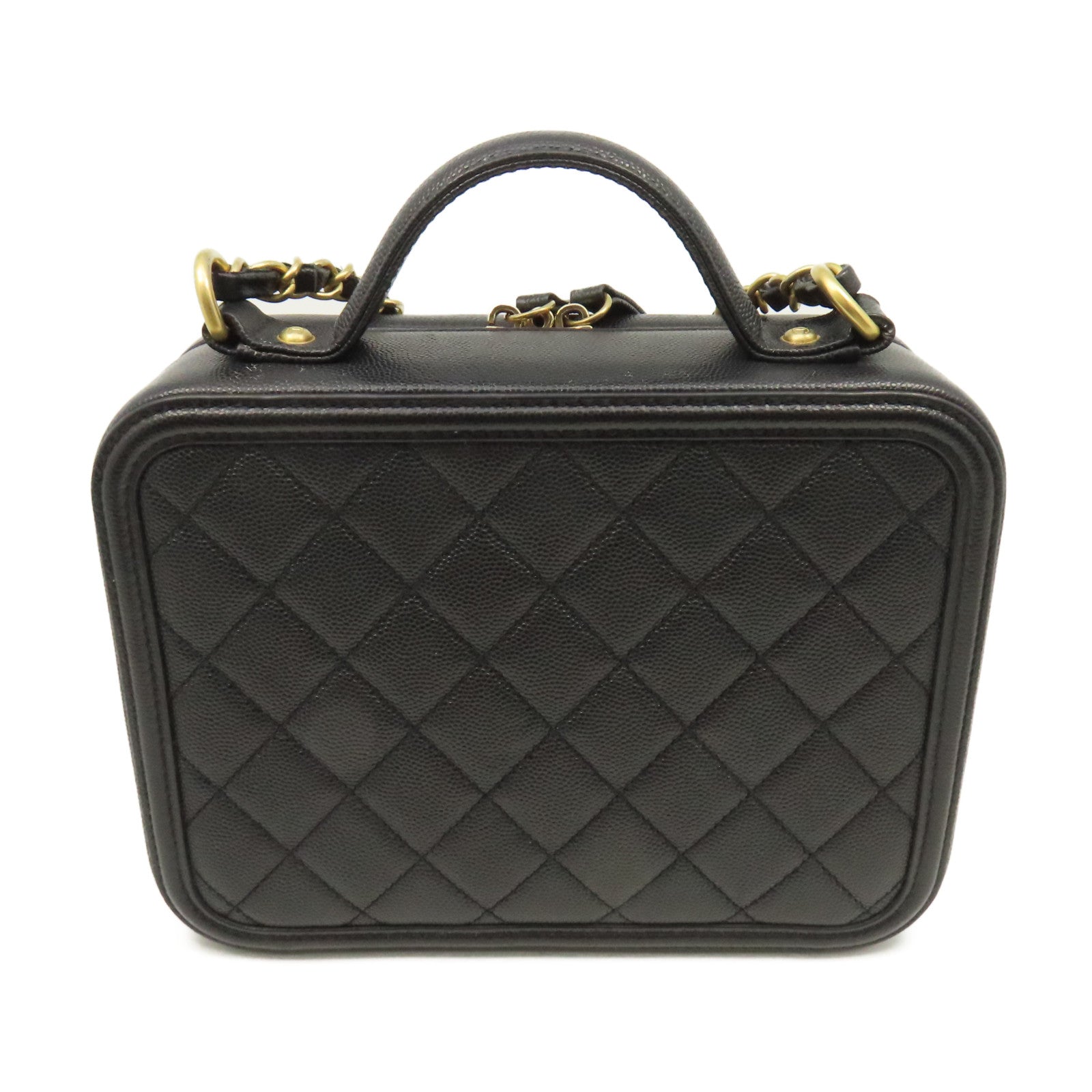 CHANEL 菱格Caviar皮革Vatity Case 21cm 2Way Shoulder Bag金扣鏈帶手挽肩背兩用袋黑色
