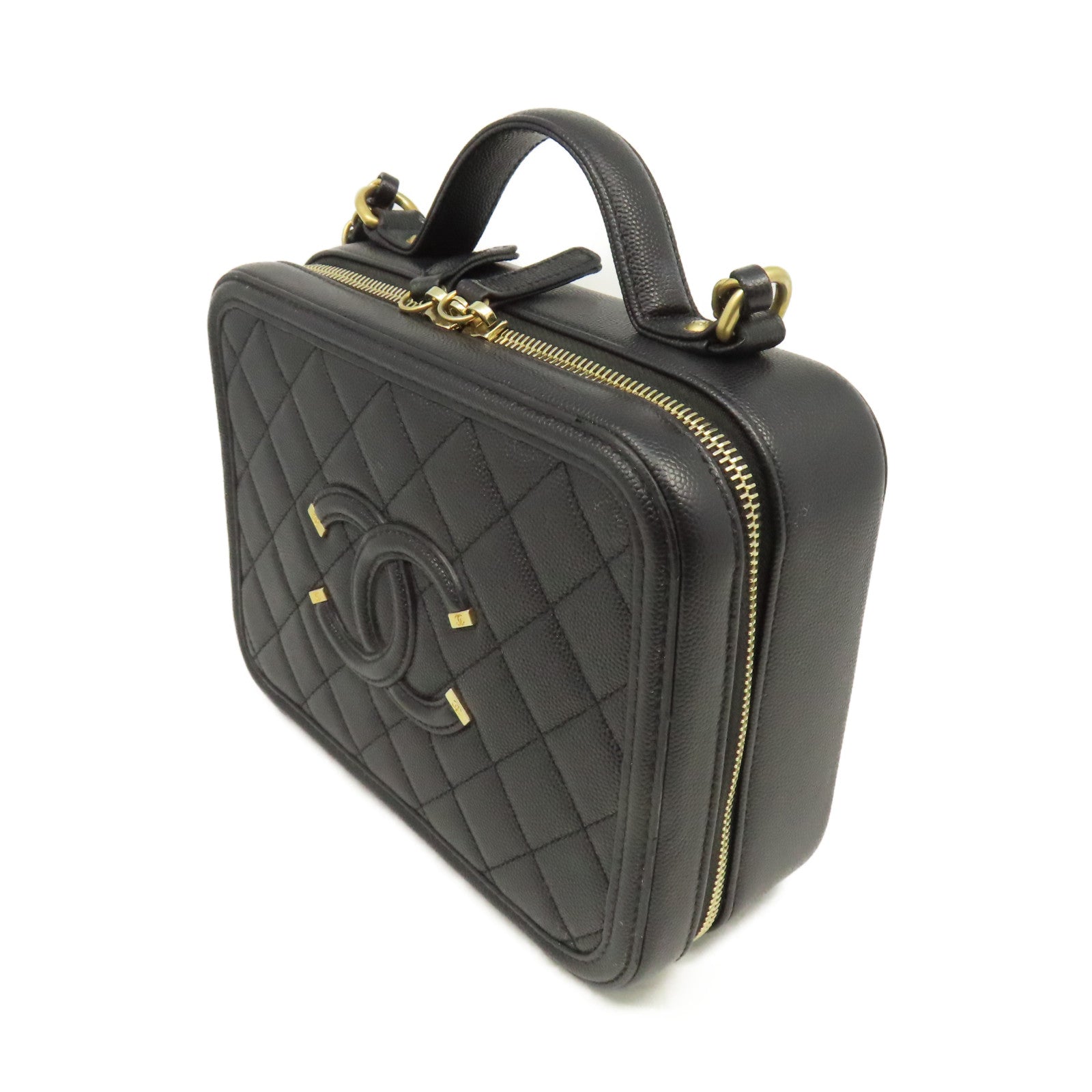 CHANEL 菱格Caviar皮革Vatity Case 21cm 2Way Shoulder Bag金扣鏈帶手挽肩背兩用袋黑色