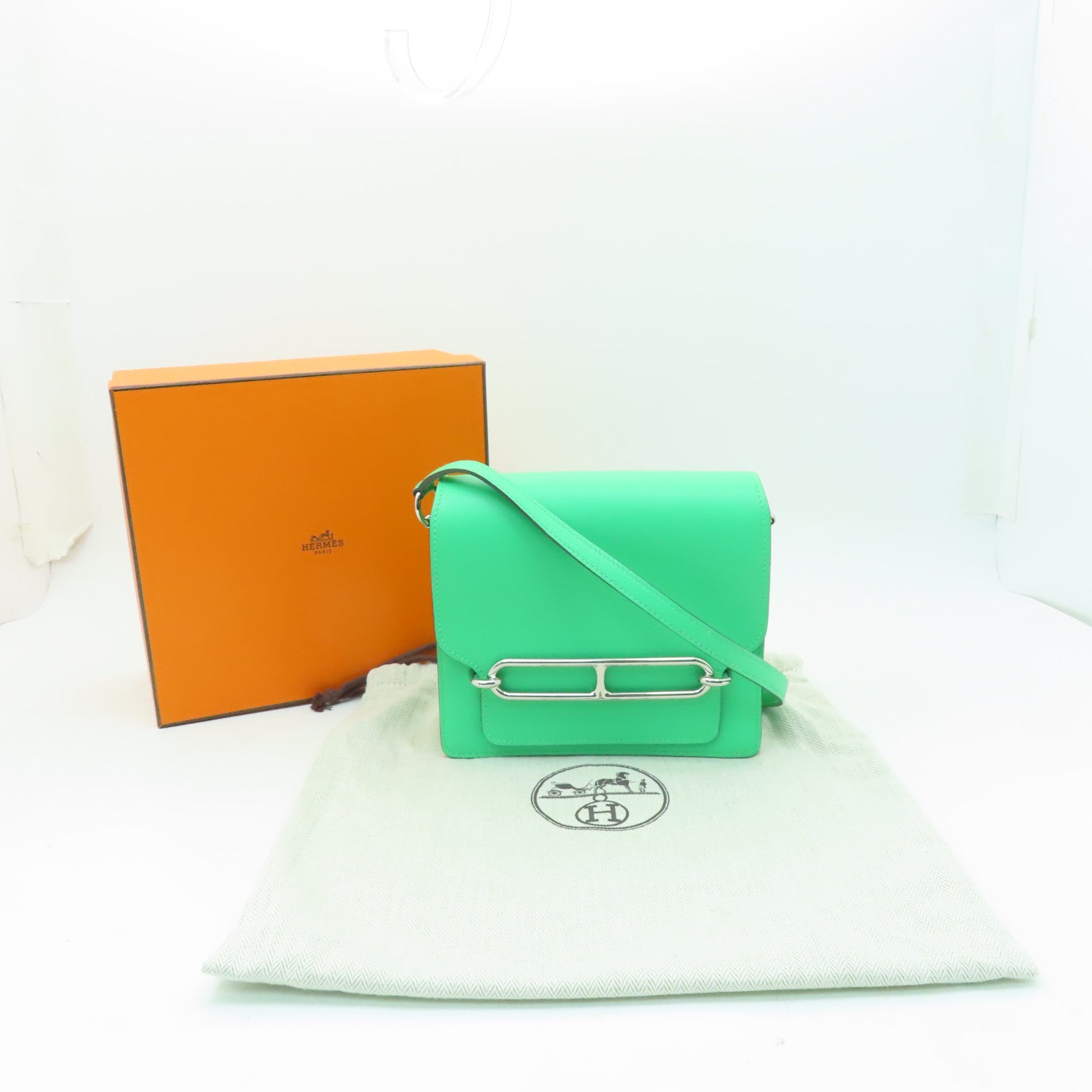 HERMES Evercolor皮革Mini Roulis銀扣肩背袋Vert Comics綠色