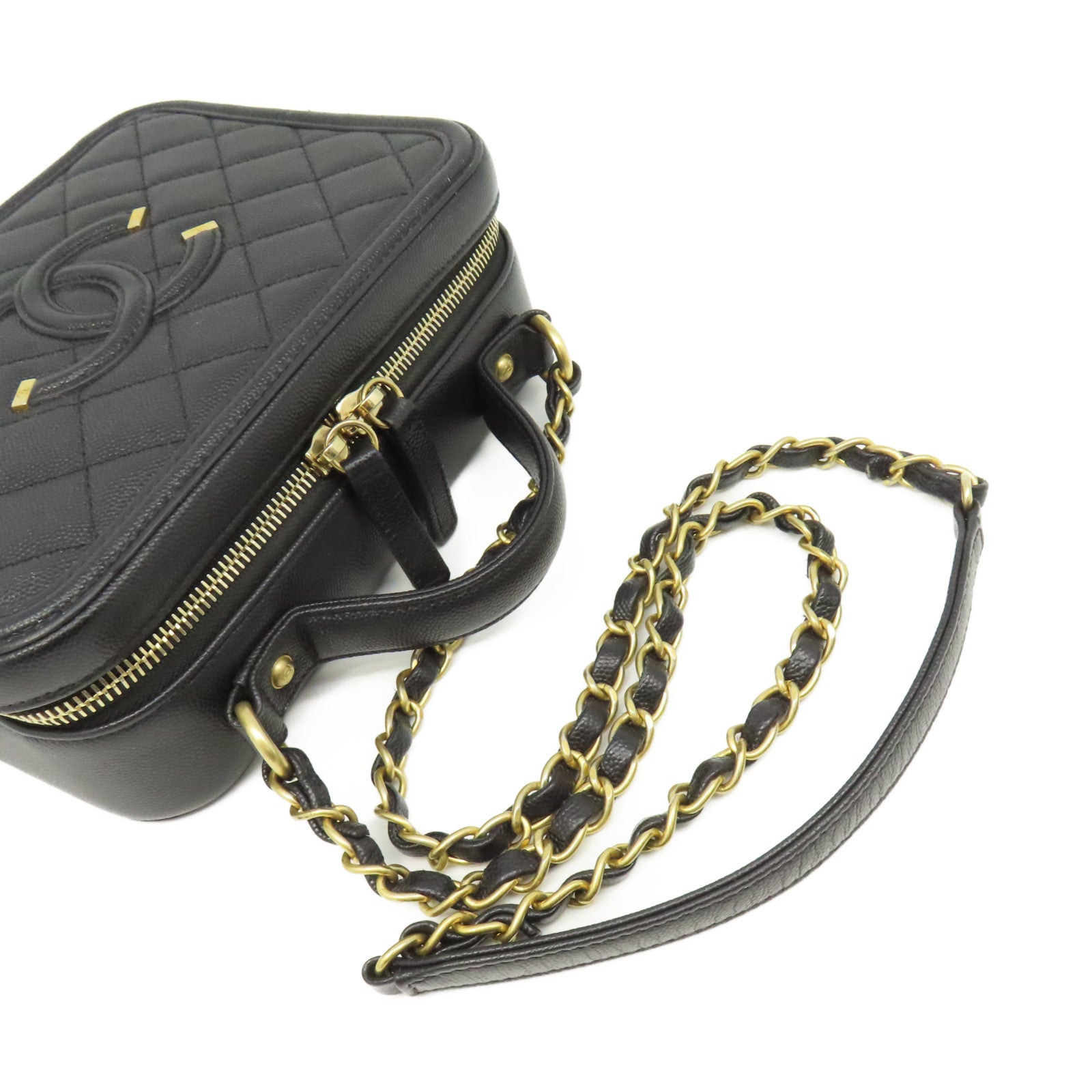 CHANEL 菱格Caviar皮革Vatity Case 21cm 2Way Shoulder Bag金扣鏈帶手挽肩背兩用袋黑色