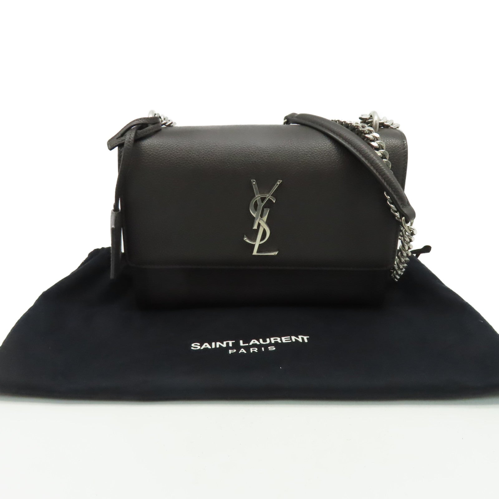SAINT LAURENT 牛皮皮革Sunset Medium銀扣鏈帶肩背袋碳灰色