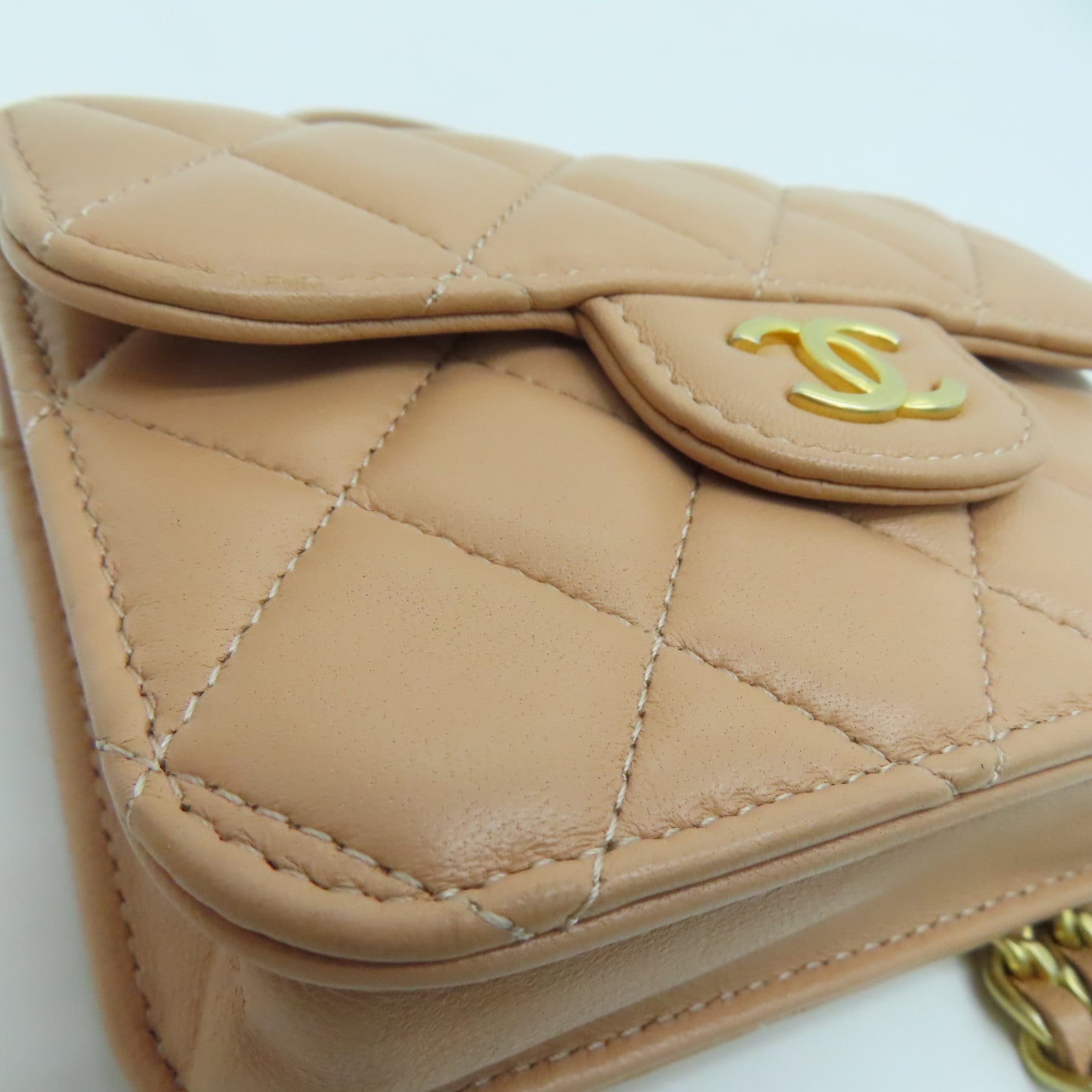 CHANEL 【激減優惠】菱格羊皮皮革Chain Shoulder Bag金扣鏈帶肩背袋杏色