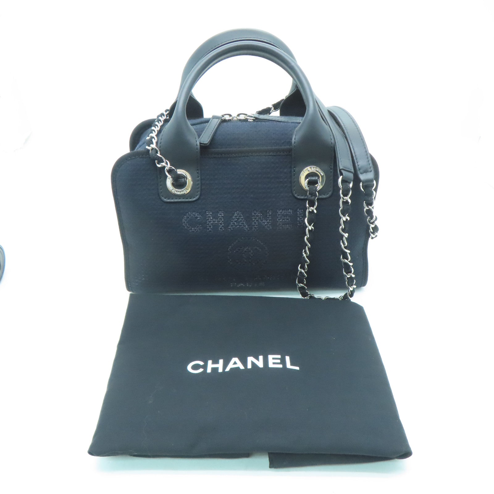 CHANEL 帆布2 Way Shoulder銀扣手挽肩背兩用袋黑色