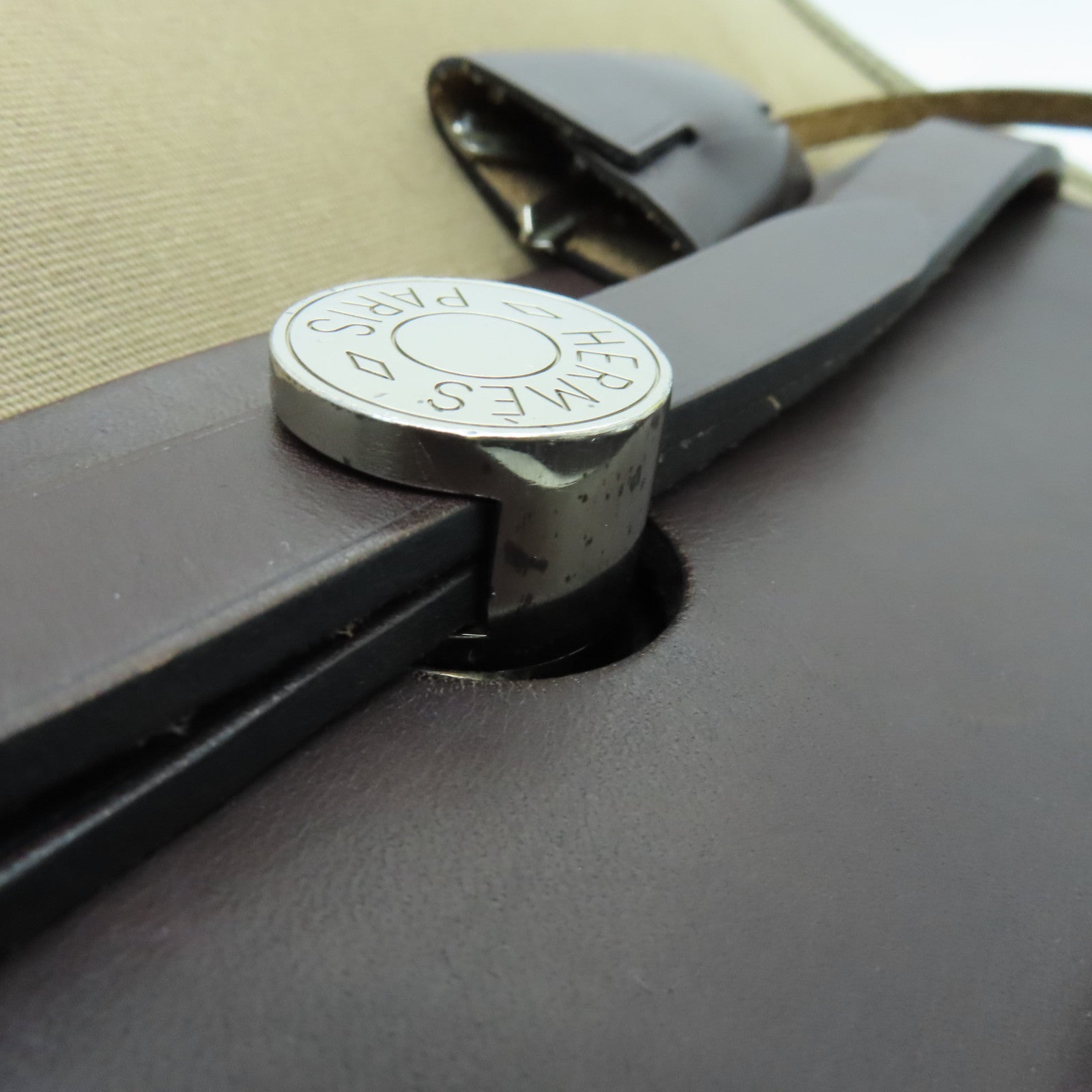 HERMES canvas Herbag PM silver buckle handle shoulder bag Etoupe beige
