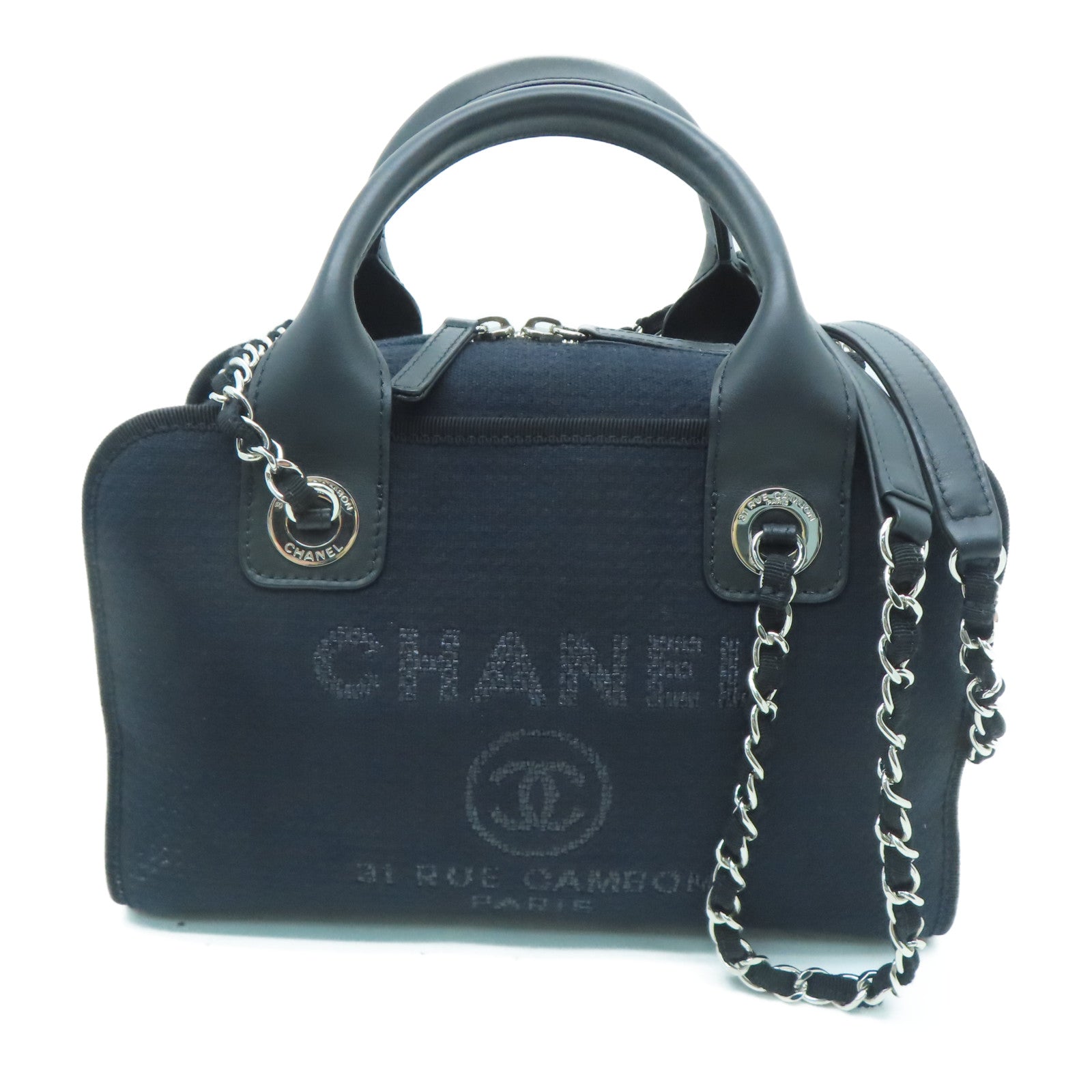 CHANEL 帆布2 Way Shoulder銀扣手挽肩背兩用袋黑色