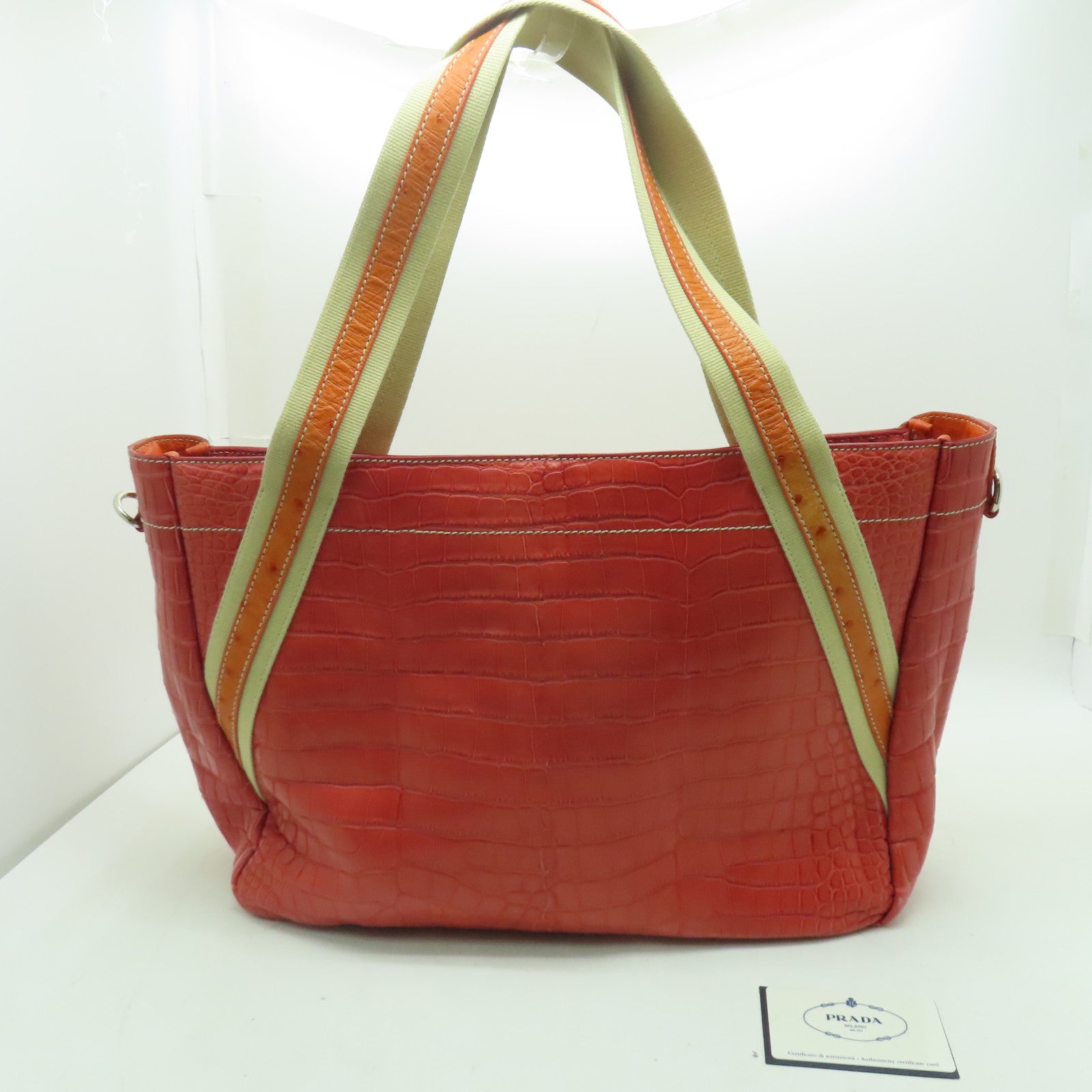 PRADA 鱷魚/鴕鳥皮革Shoulder Bag銀扣肩背袋紅色
