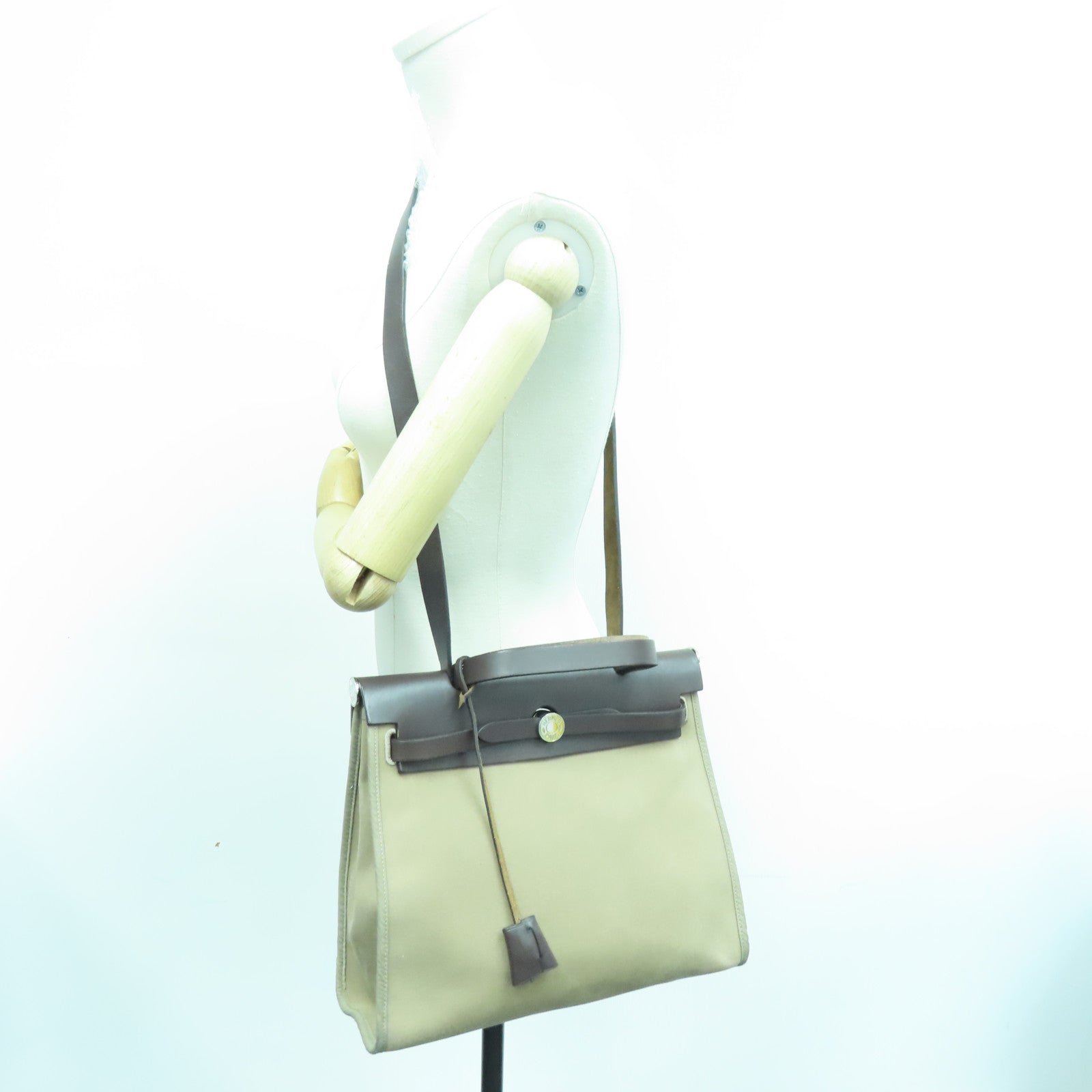 HERMES canvas Herbag PM silver buckle handle shoulder bag Etoupe beige
