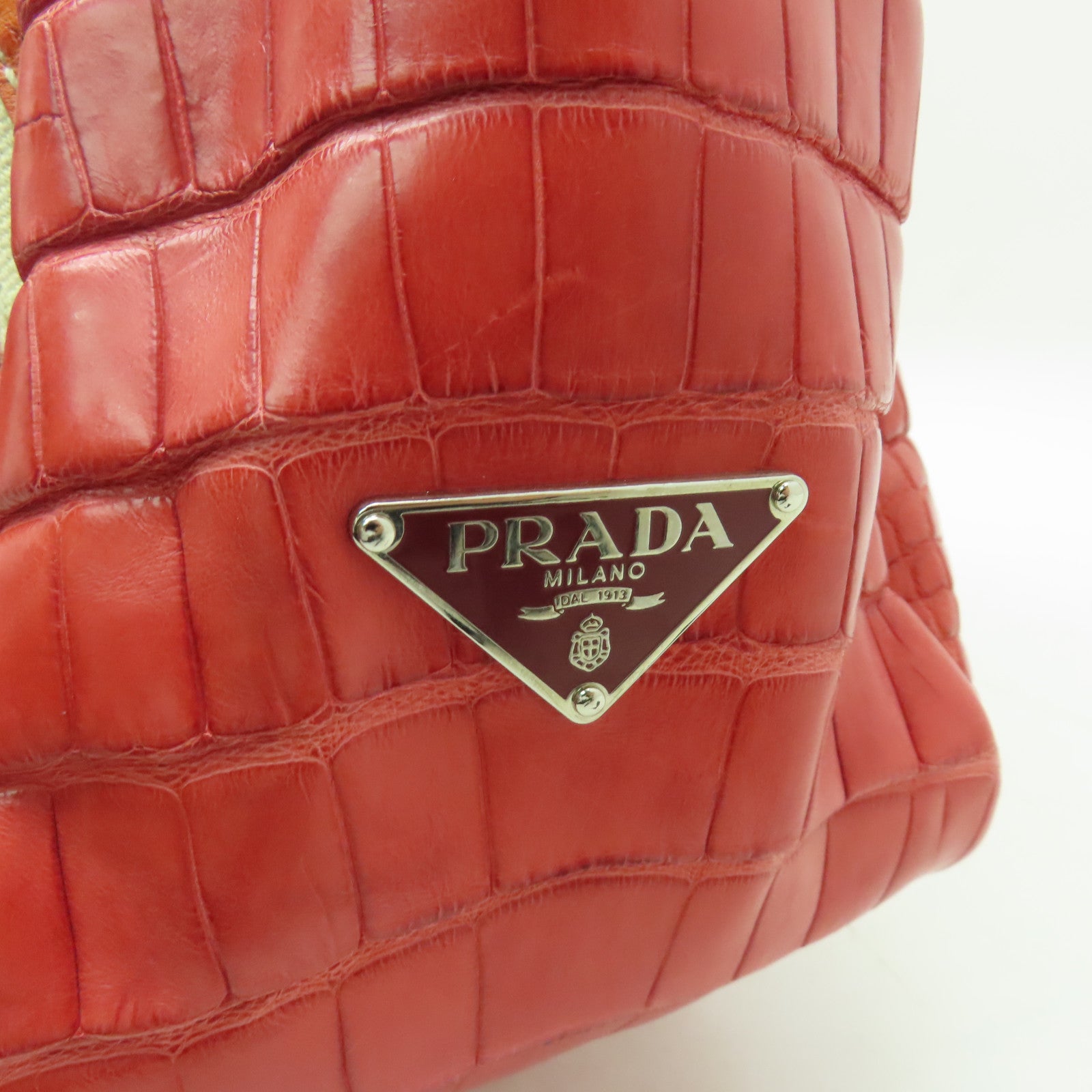 PRADA 鱷魚/鴕鳥皮革Shoulder Bag銀扣肩背袋紅色