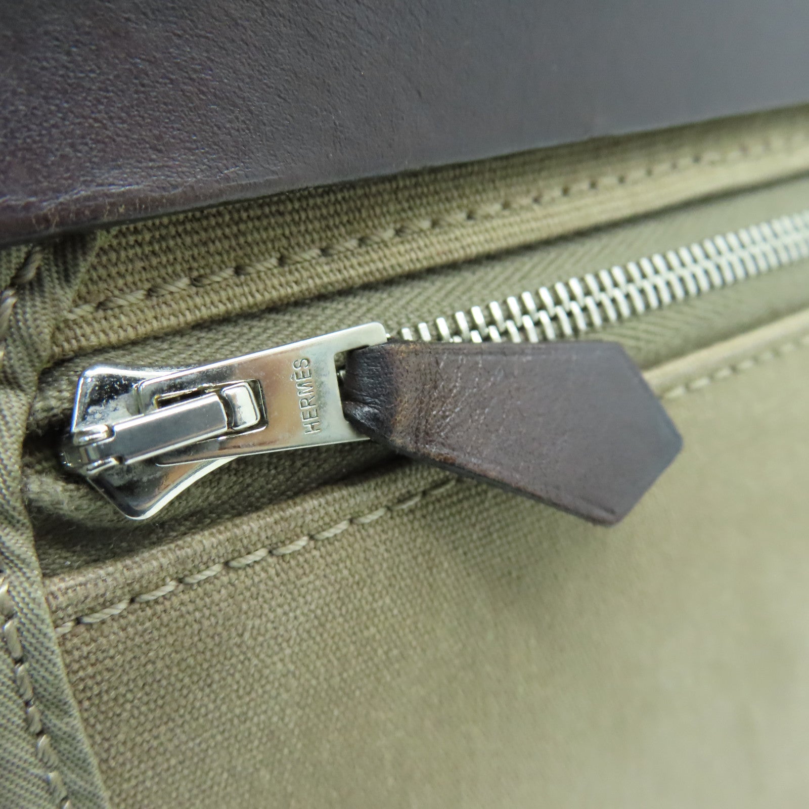 HERMES canvas Herbag PM silver buckle handle shoulder bag Etoupe beige