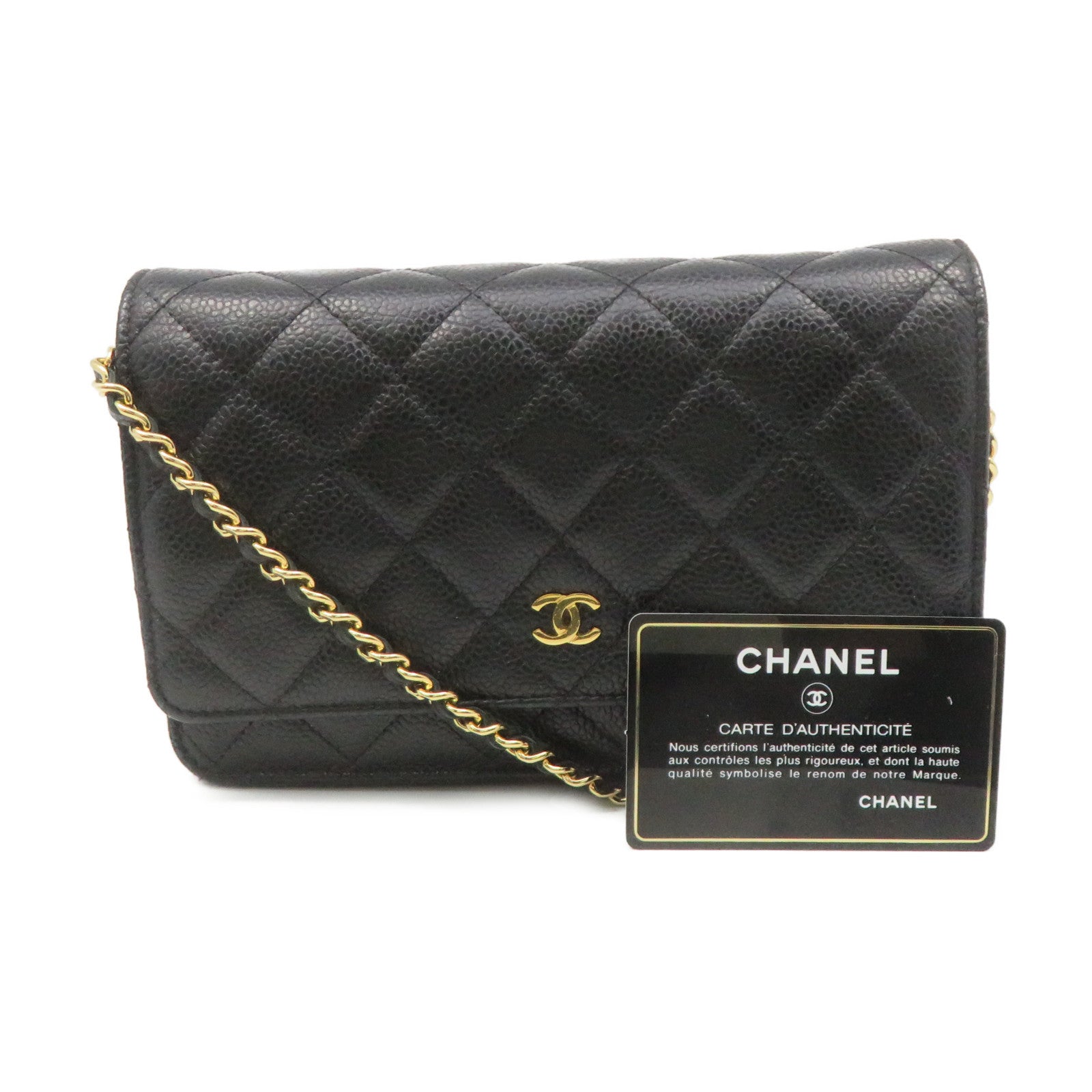 CHANEL Caviar皮革Wallet On Chain Shoulder Bag金扣链带钱包肩背袋黑色