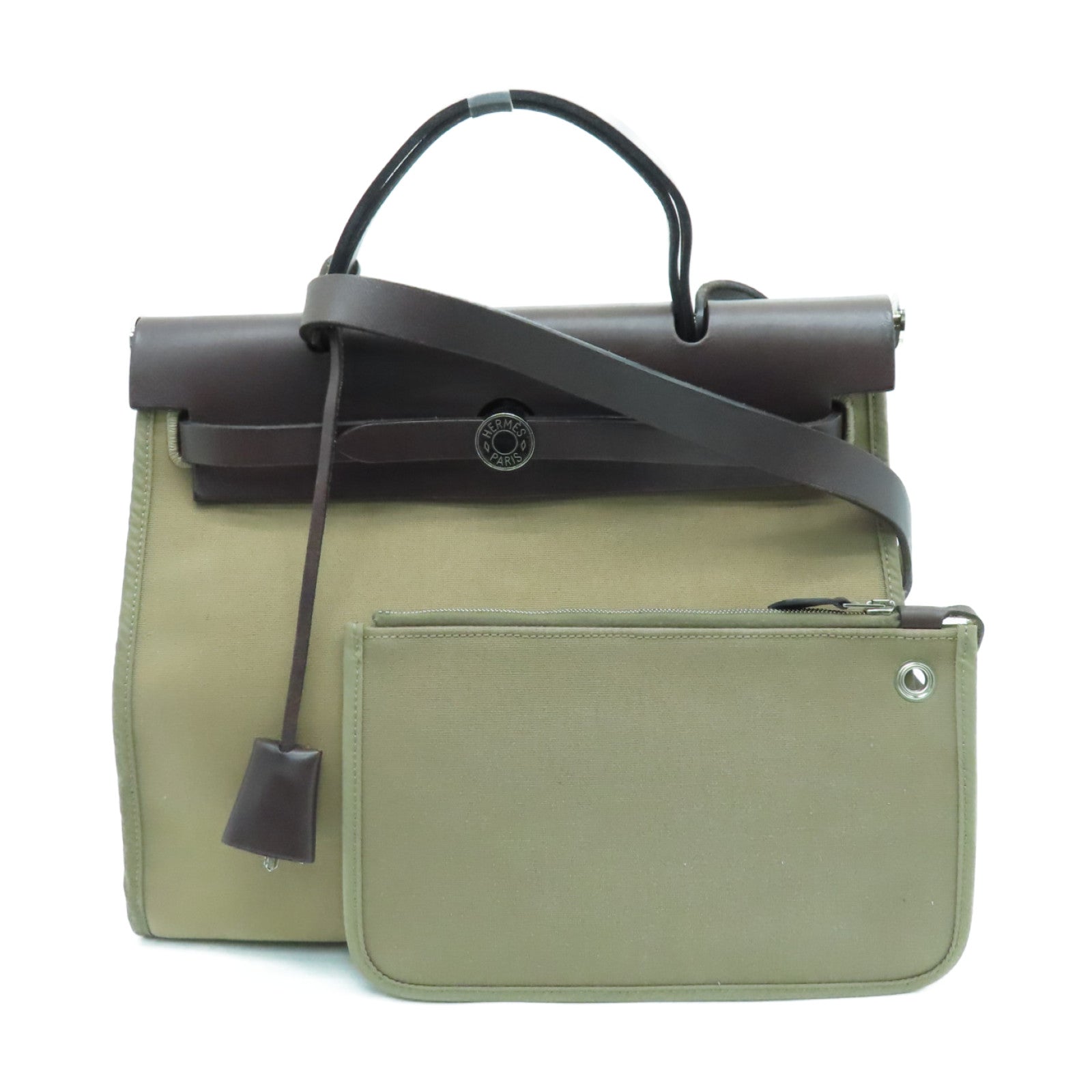 HERMES canvas Herbag PM silver buckle handle shoulder bag Etoupe beige