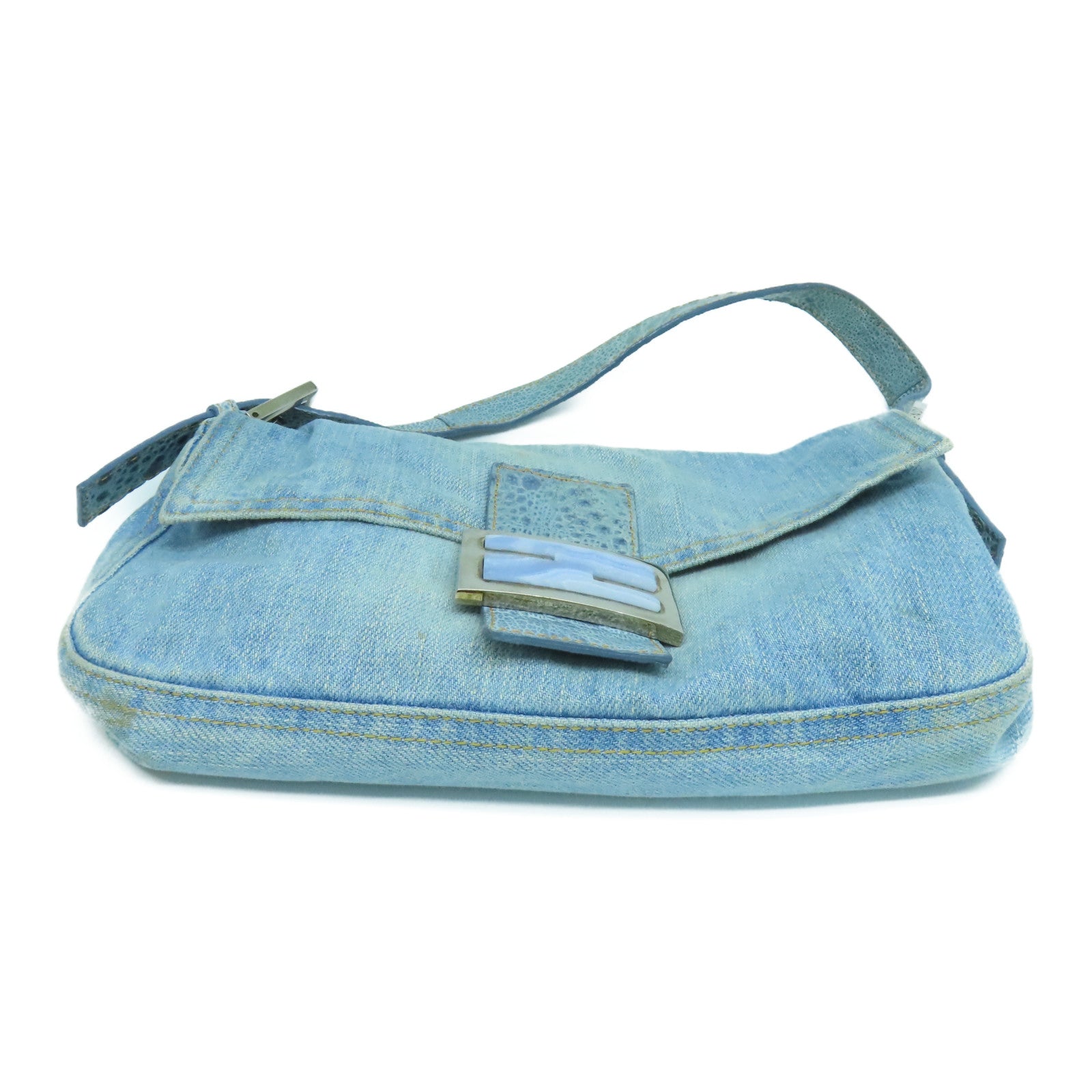 FENDI 牛仔布Handbag銀扣手挽袋藍色