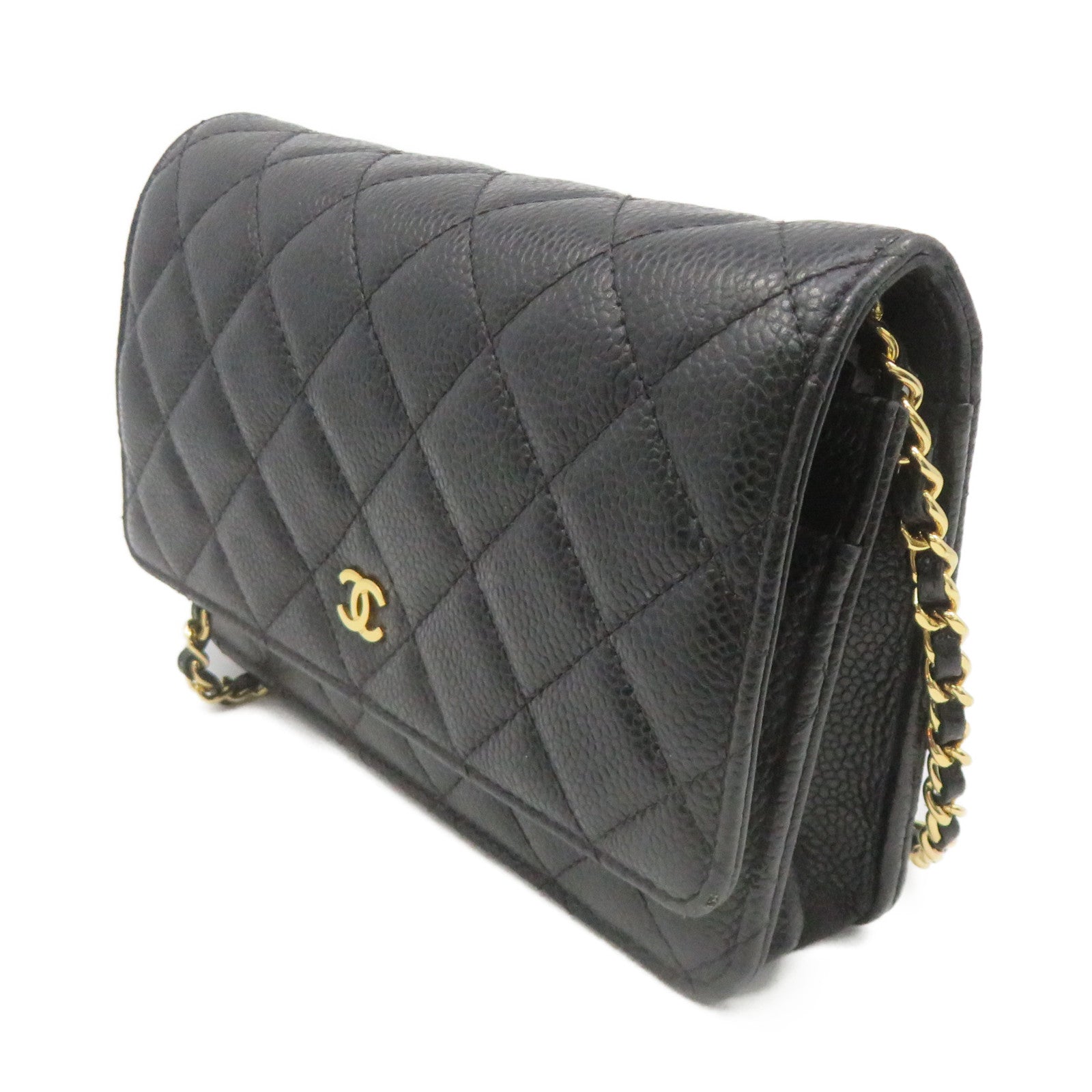 CHANEL Caviar皮革Wallet On Chain Shoulder Bag金扣链带钱包肩背袋黑色