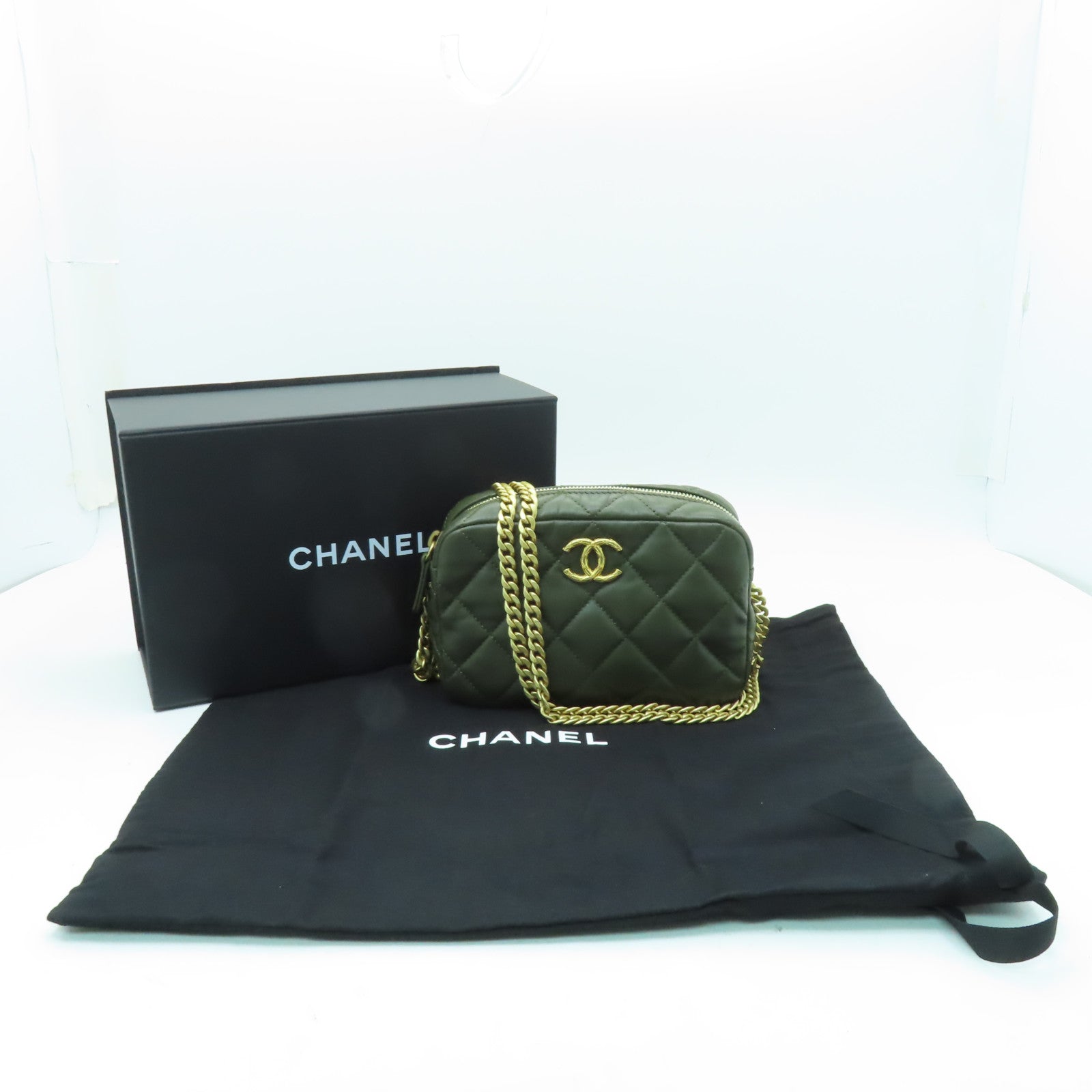 CHANEL 菱格牛皮皮革Chain Shoulder Bag金扣鏈帶肩背袋綠色