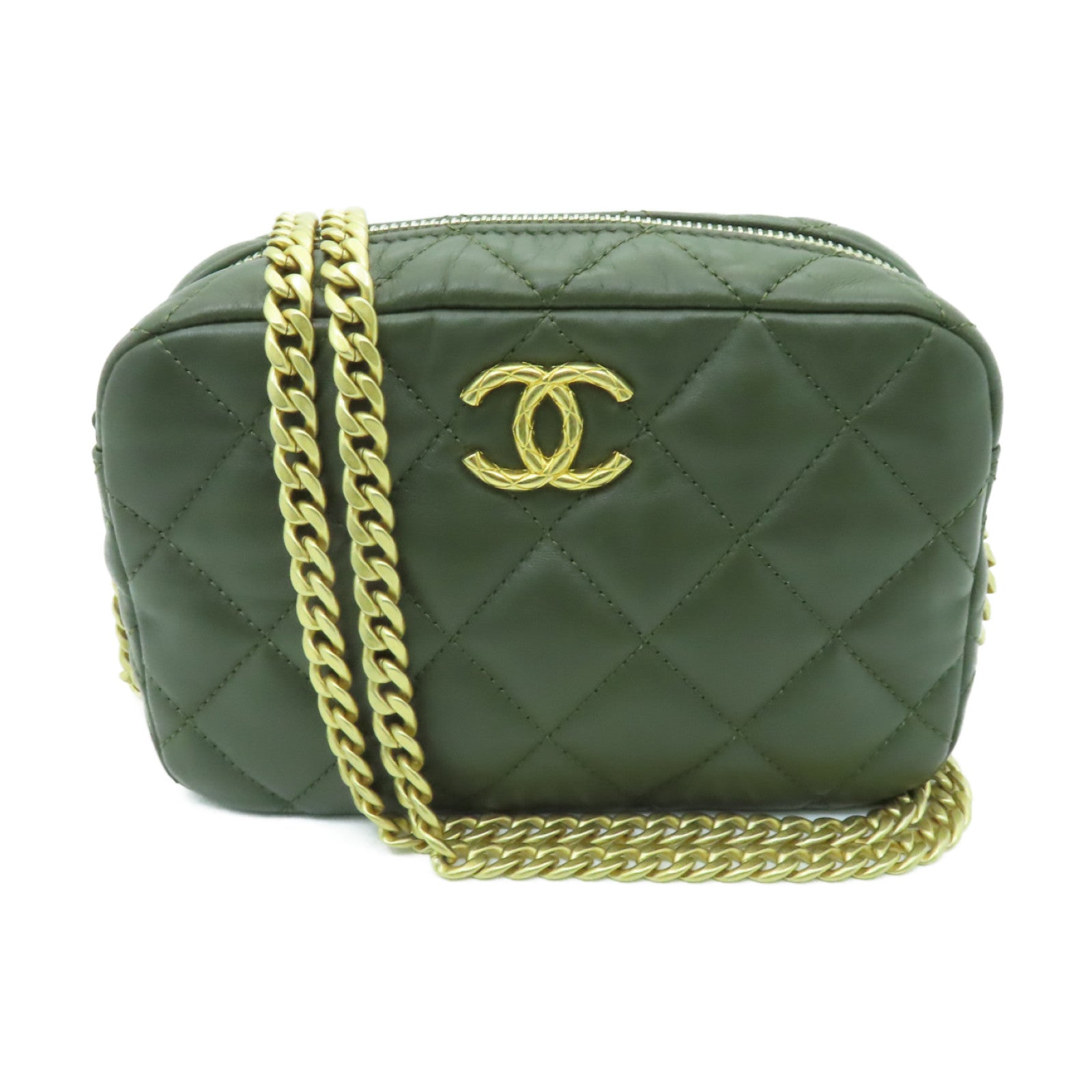CHANEL 菱格牛皮皮革Chain Shoulder Bag金扣鏈帶肩背袋綠色