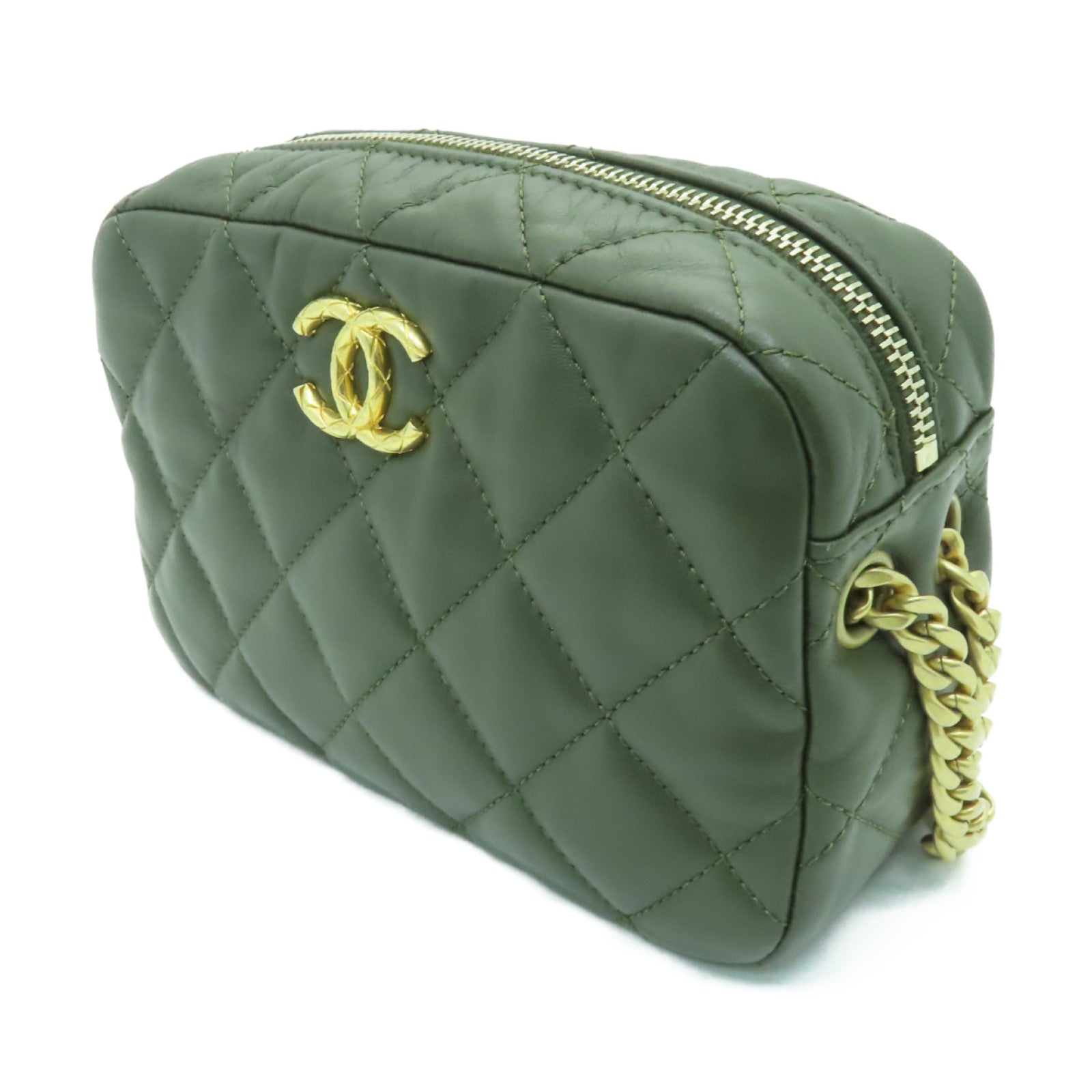 CHANEL 菱格牛皮皮革Chain Shoulder Bag金扣鏈帶肩背袋綠色