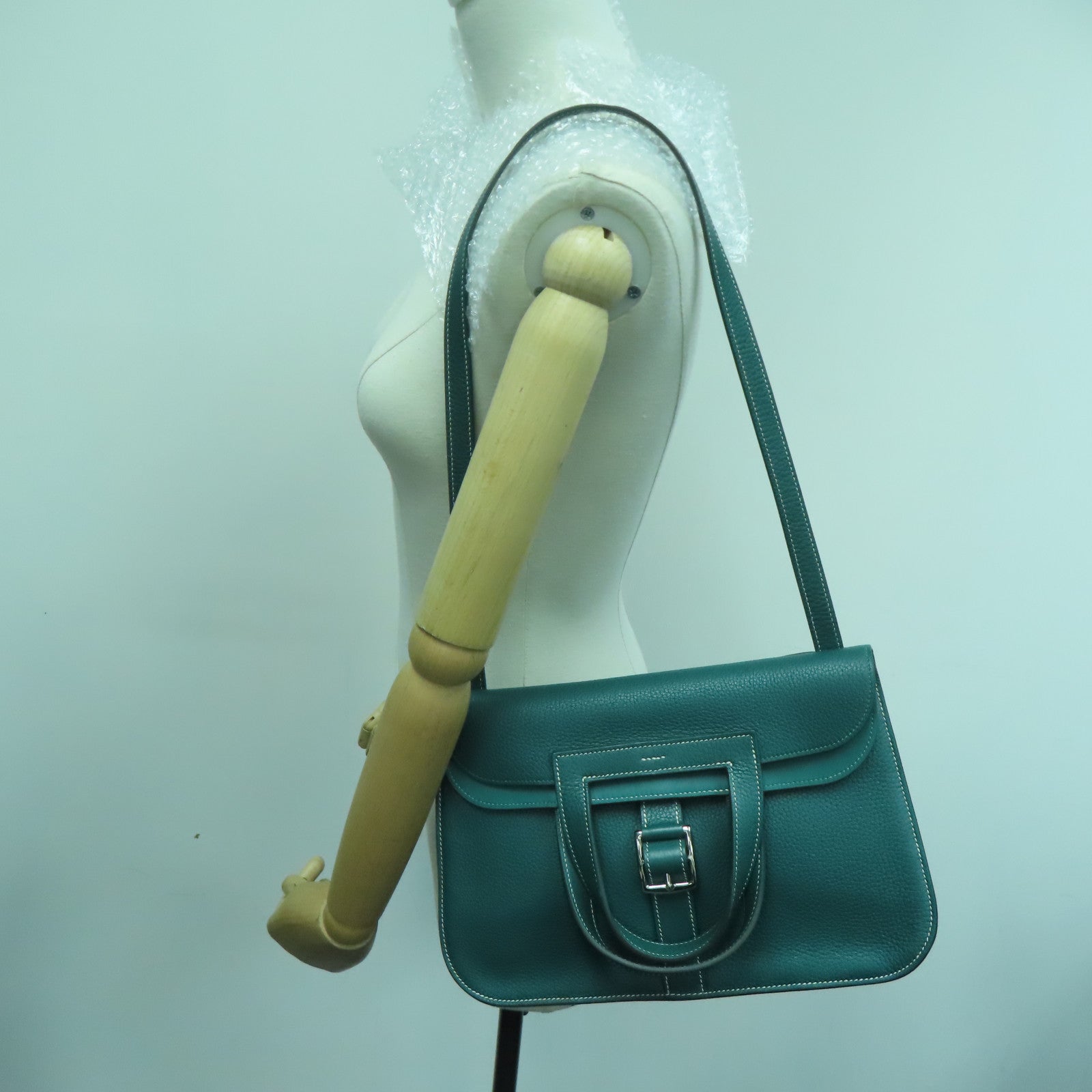 HERMES Clemence皮革Halzan 31銀扣手挽肩背兩用袋Vert Vertigo綠色