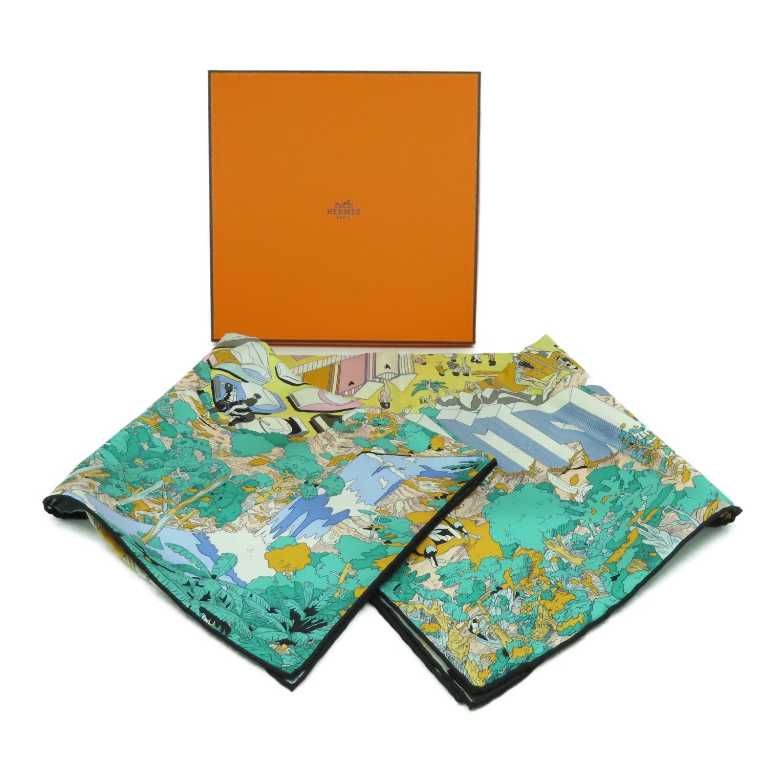 HERMES 絲質Scarf 90x90絲巾綠色/黃色