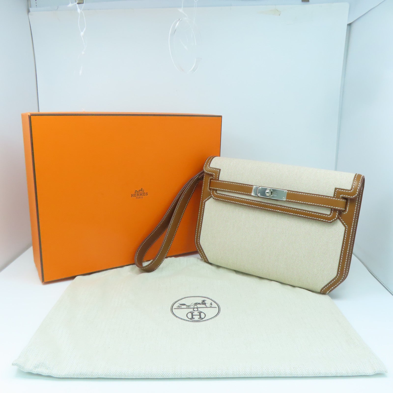 HERMES Toile帆布/Barenia皮革Kelly Depeches 25银扣手拿包白色/啡色